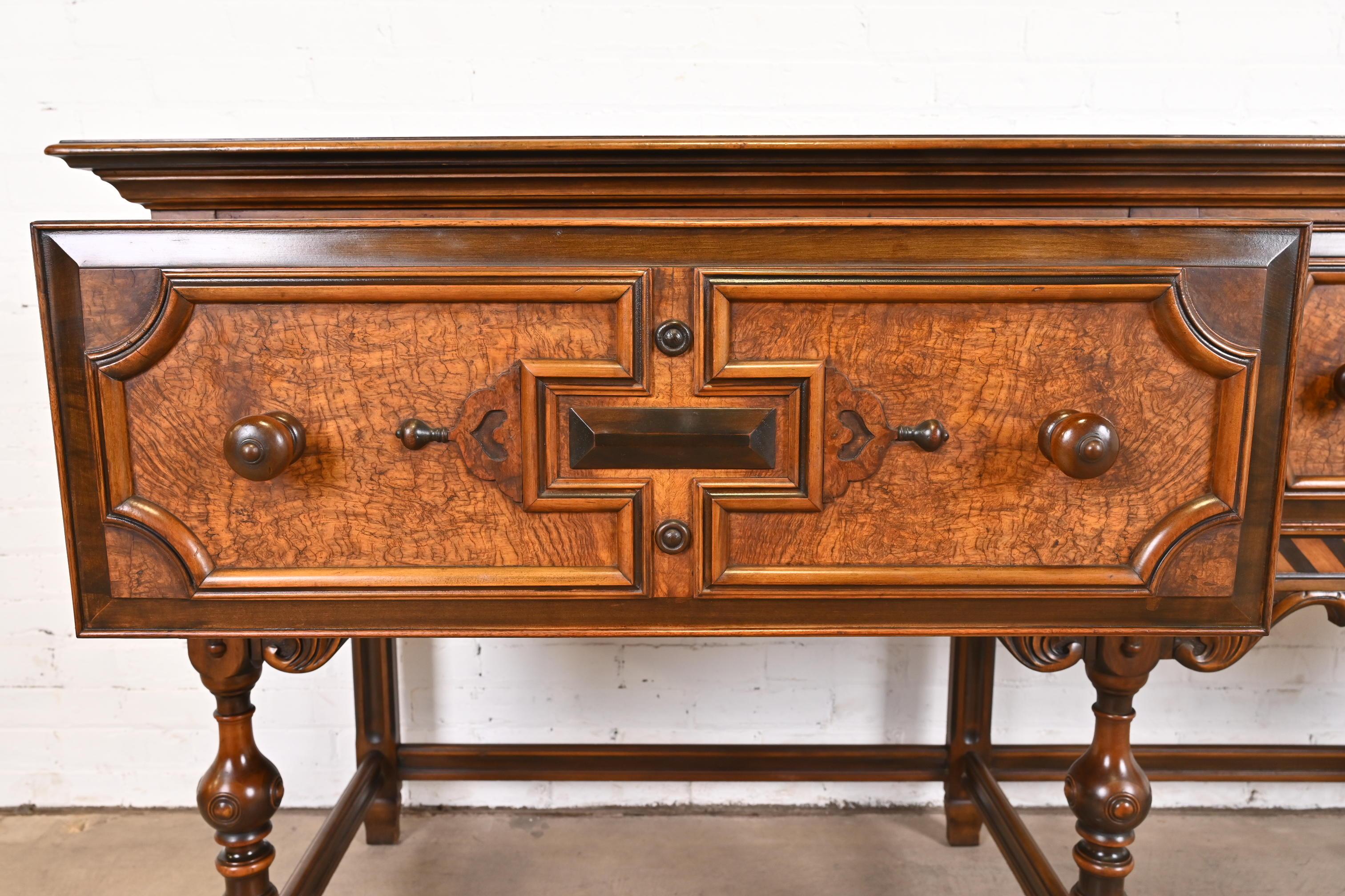 Antique Berkey & Gay English Jacobean Carved Walnut and Burl Wood Sideboard For Sale 4