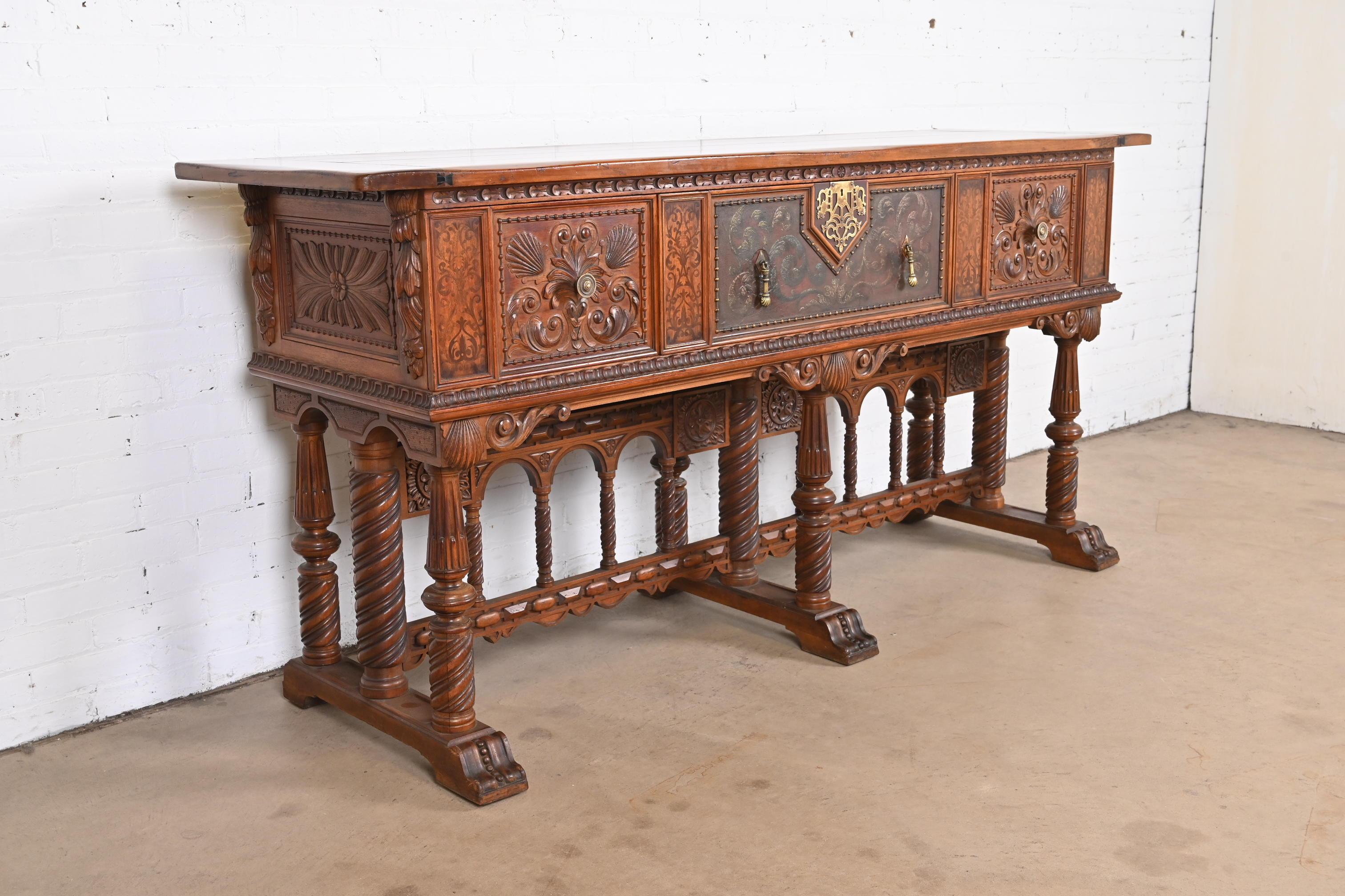 American Antique Berkey & Gay English Jacobean Ornate Carved Walnut Sideboard, 1920s