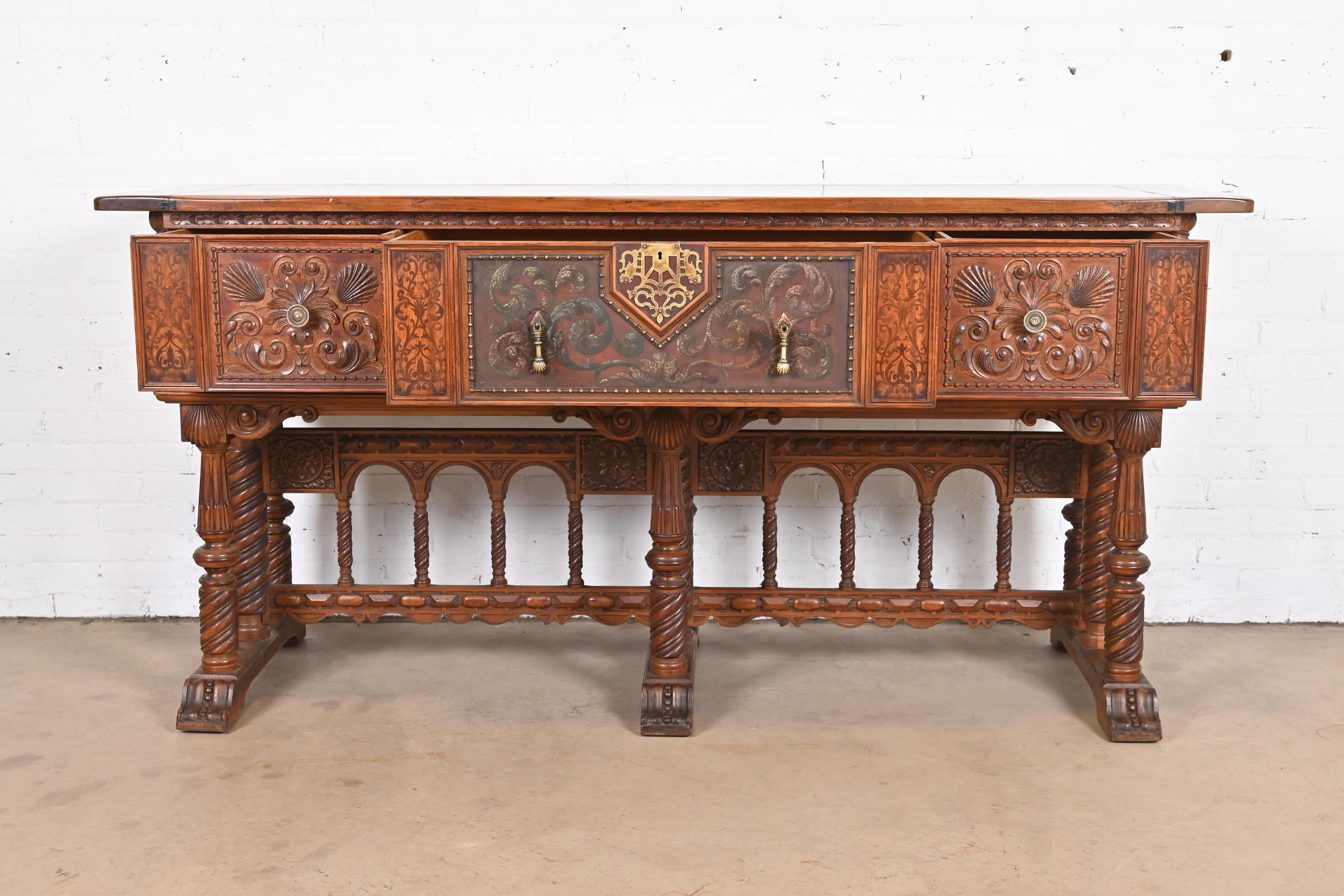 Antique Berkey & Gay English Jacobean Ornate Carved Walnut Sideboard, 1920s In Good Condition In South Bend, IN