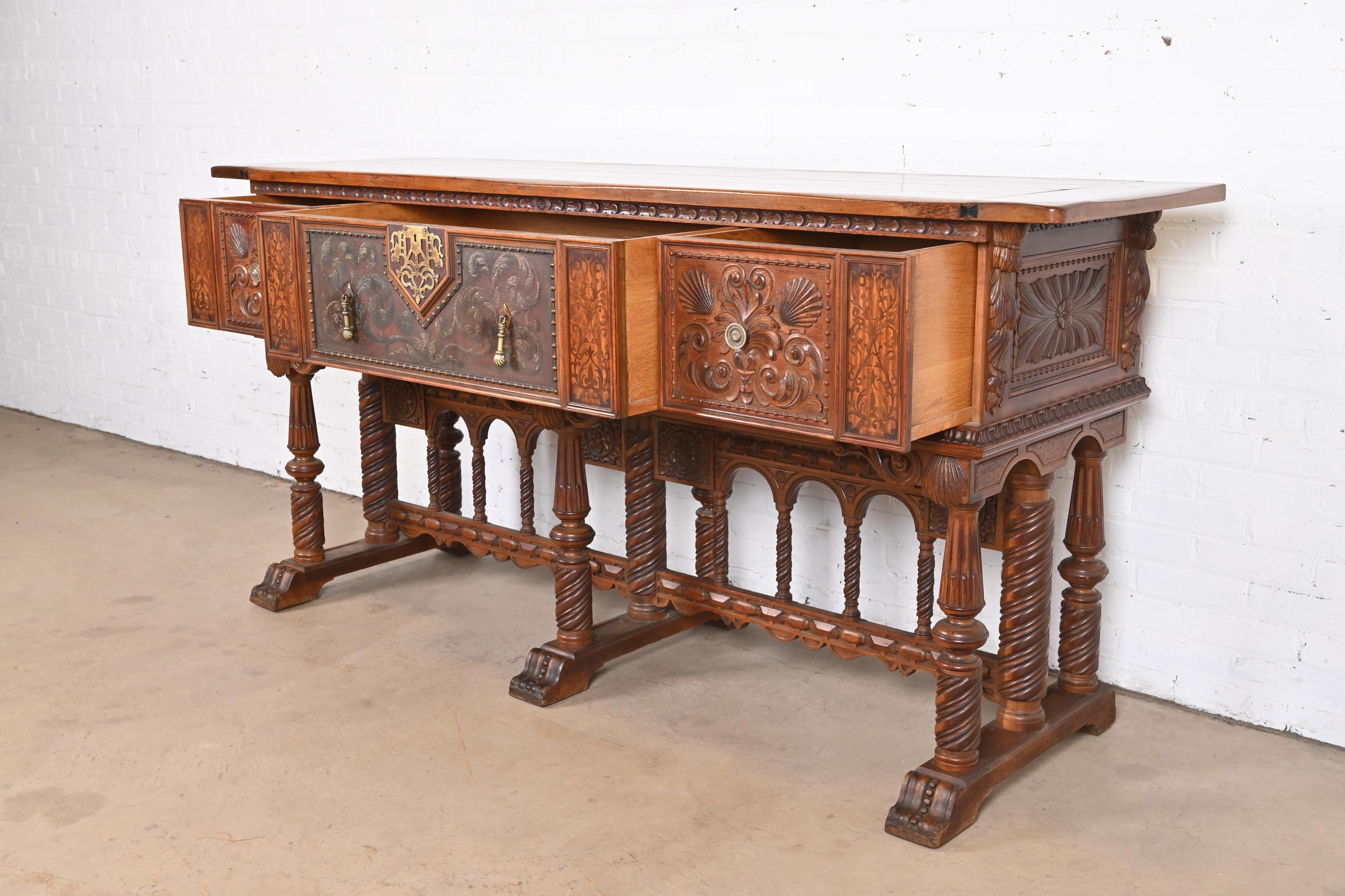 Early 20th Century Antique Berkey & Gay English Jacobean Ornate Carved Walnut Sideboard, 1920s