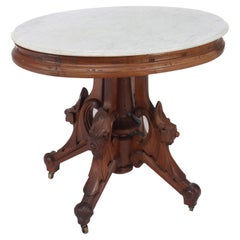 Antique Berkey & Gay Renaissance Revival Carved Walnut Marble Top Table C1880