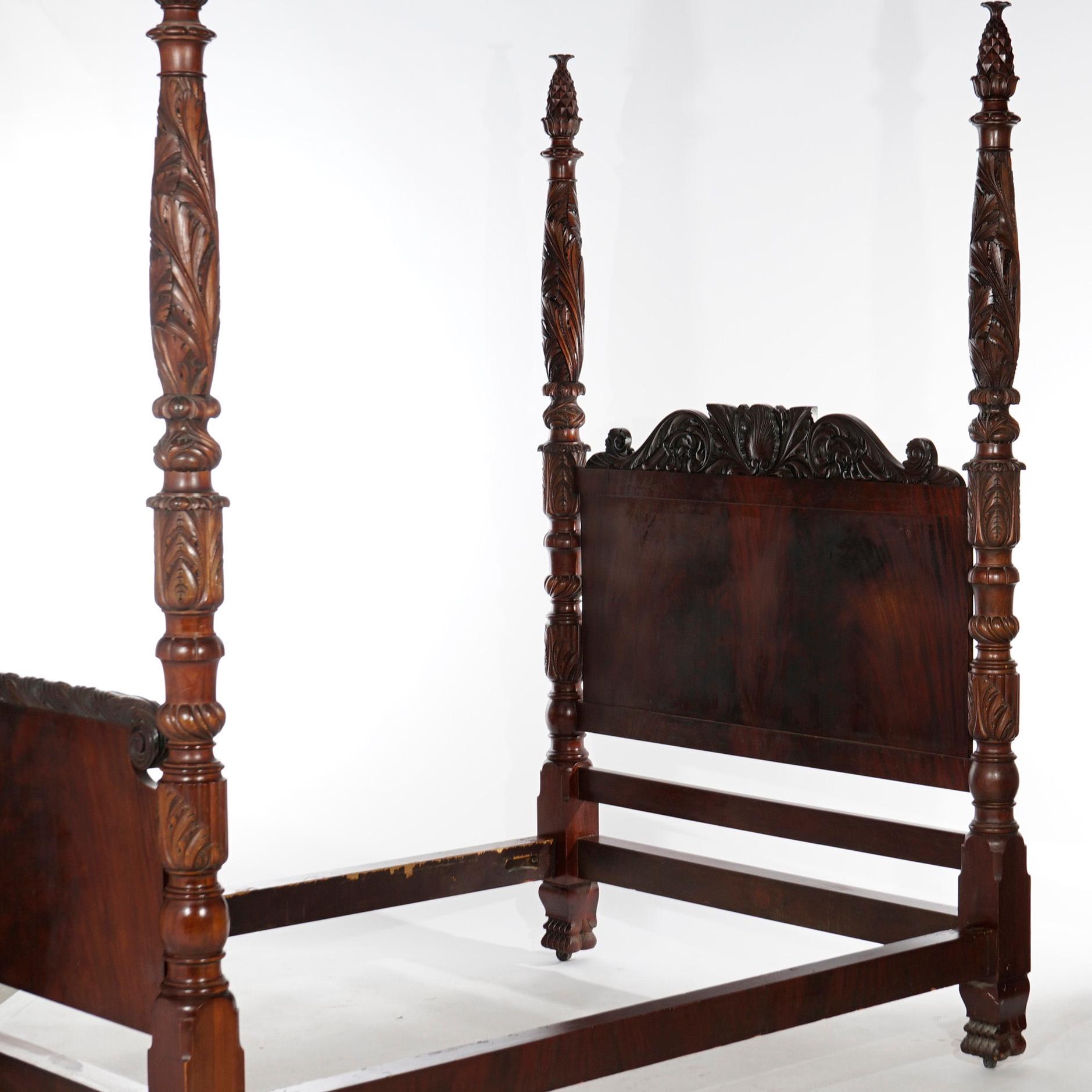 20th Century Antique Berkey & Gay School Second Empire Carved Flame Mahogany Poster Bed c1920