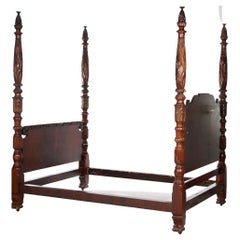 Antique Berkey & Gay School Second Empire Carved Flame Mahogany Poster Bed c1920