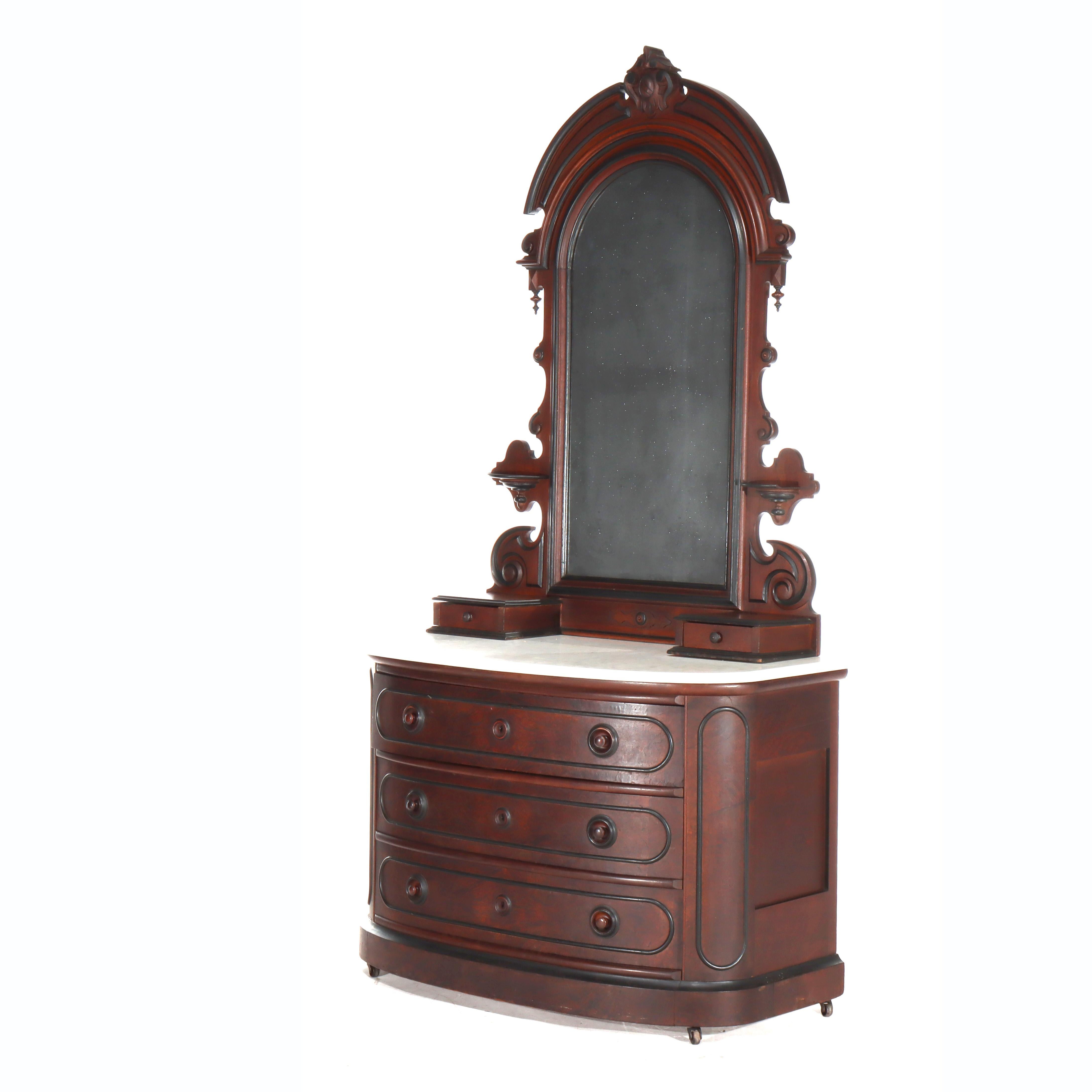 XIX secolo Antique Berkey & Gay School Victorian Walnut & Marble Dresser With Ebonized Trim in vendita