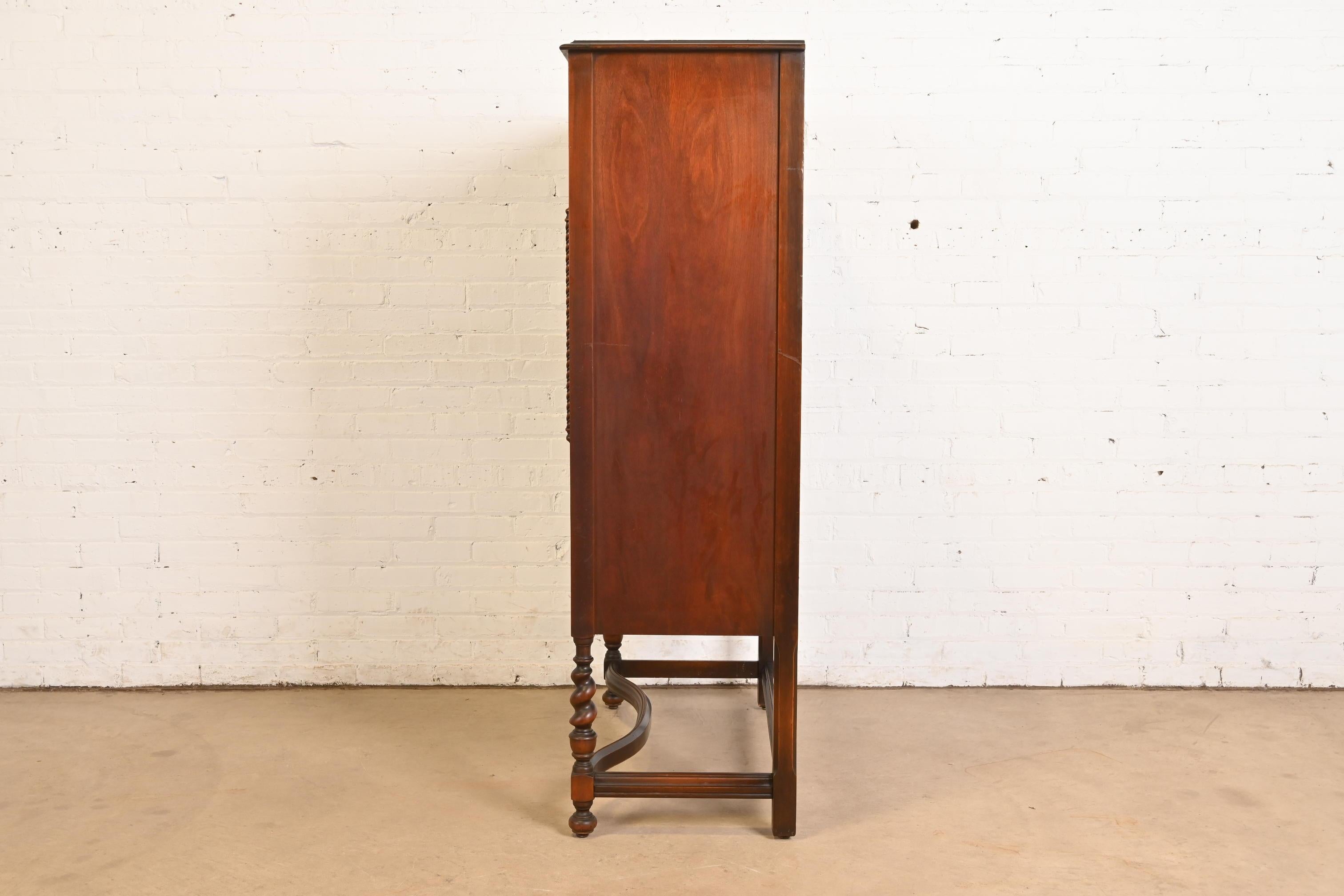 Antique Berkey & Gay Style English Jacobean Carved Walnut and Burl Wood Bookcase For Sale 4