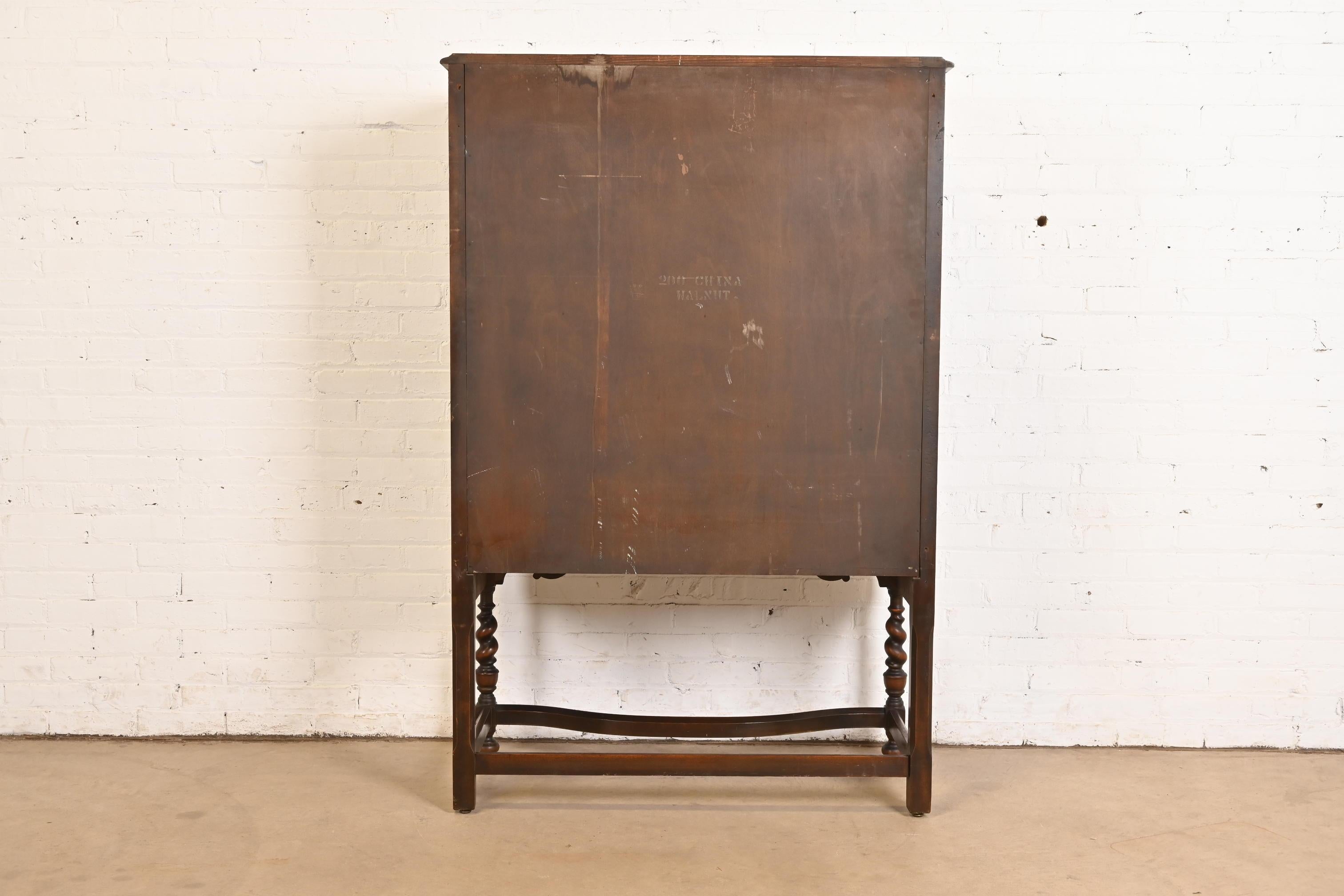Antique Berkey & Gay Style English Jacobean Carved Walnut and Burl Wood Bookcase For Sale 5
