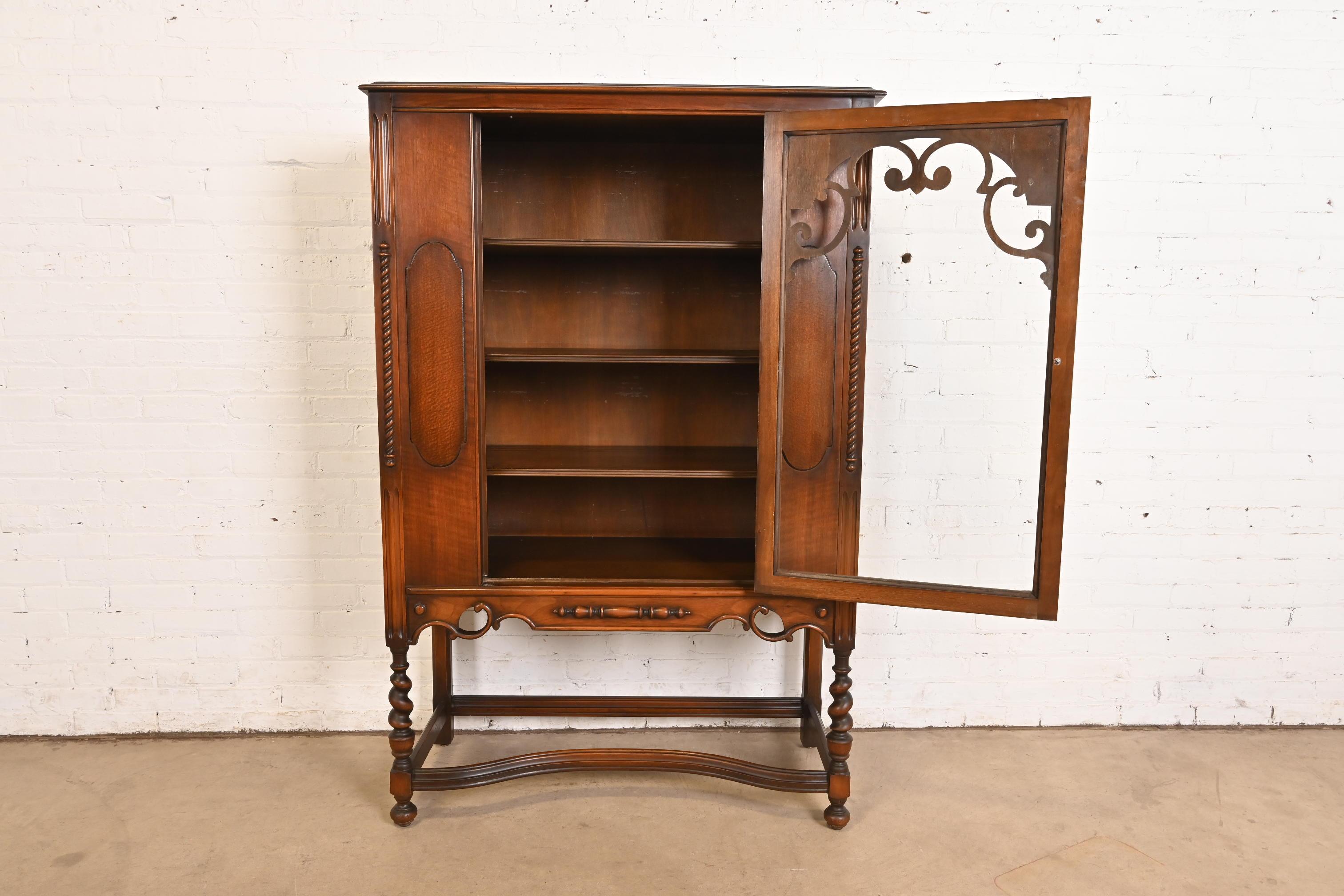 Brass Antique Berkey & Gay Style English Jacobean Carved Walnut and Burl Wood Bookcase For Sale