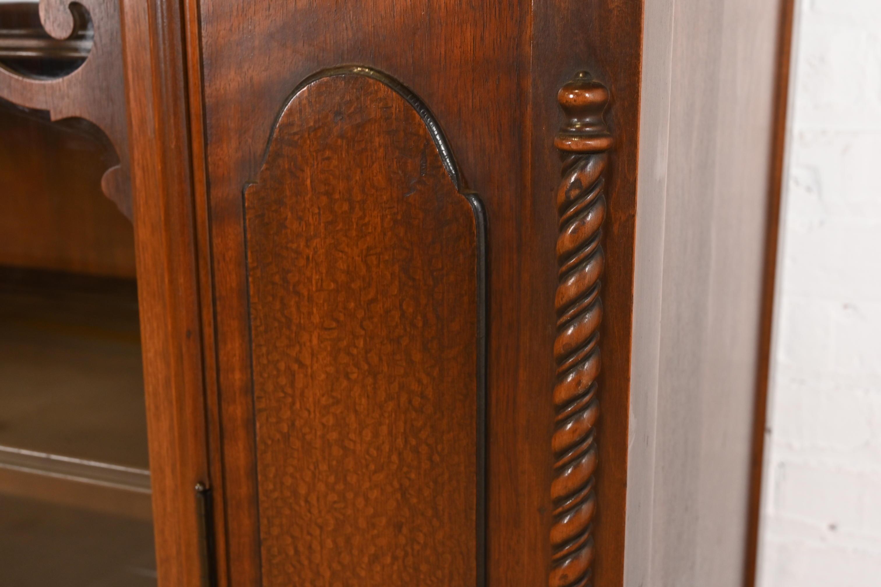 Antique Berkey & Gay Style English Jacobean Carved Walnut and Burl Wood Bookcase For Sale 1