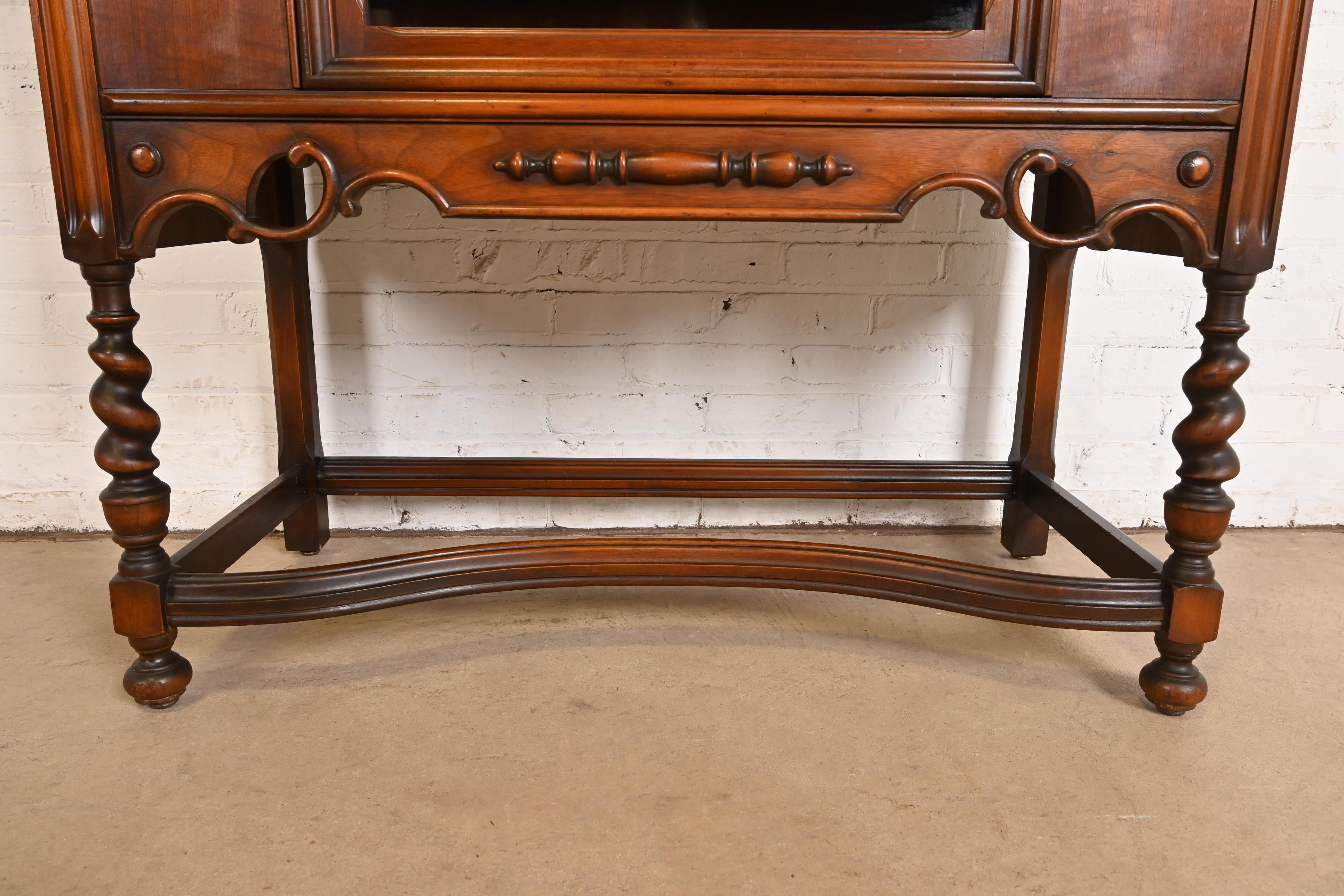 Antique Berkey & Gay Style English Jacobean Carved Walnut and Burl Wood Bookcase For Sale 2