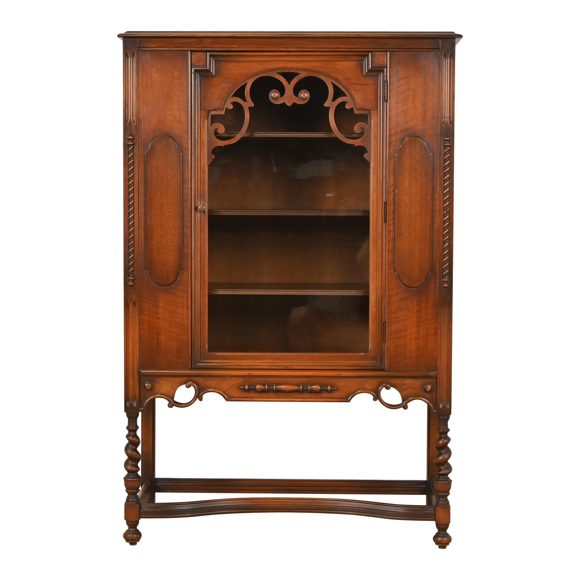 Antique Berkey & Gay Style English Jacobean Carved Walnut and Burl Wood Bookcase For Sale