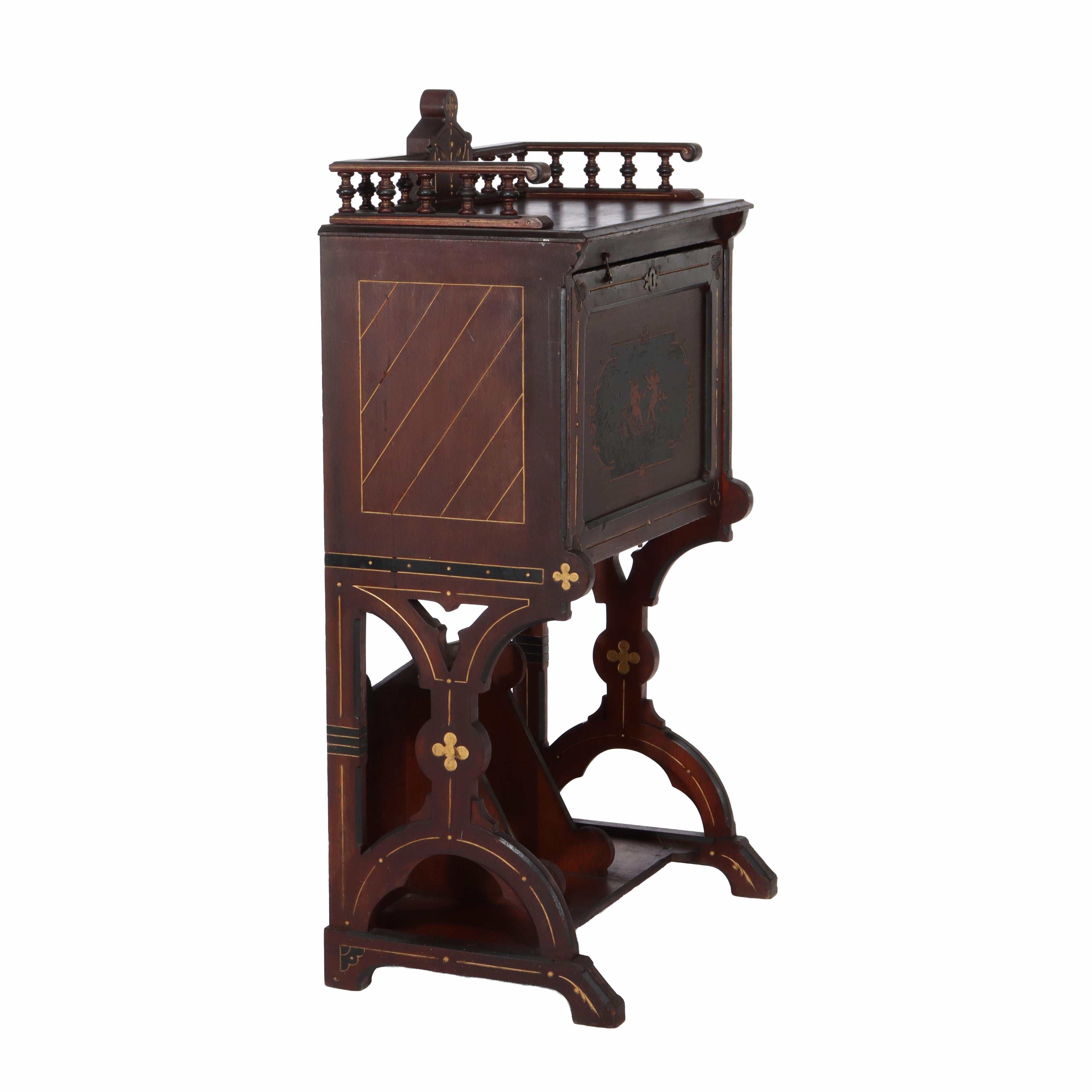 Antique Berkey & Gay Victorian Inlaid Black Walnut & Gilt Drop Front Desk c1890 For Sale 7