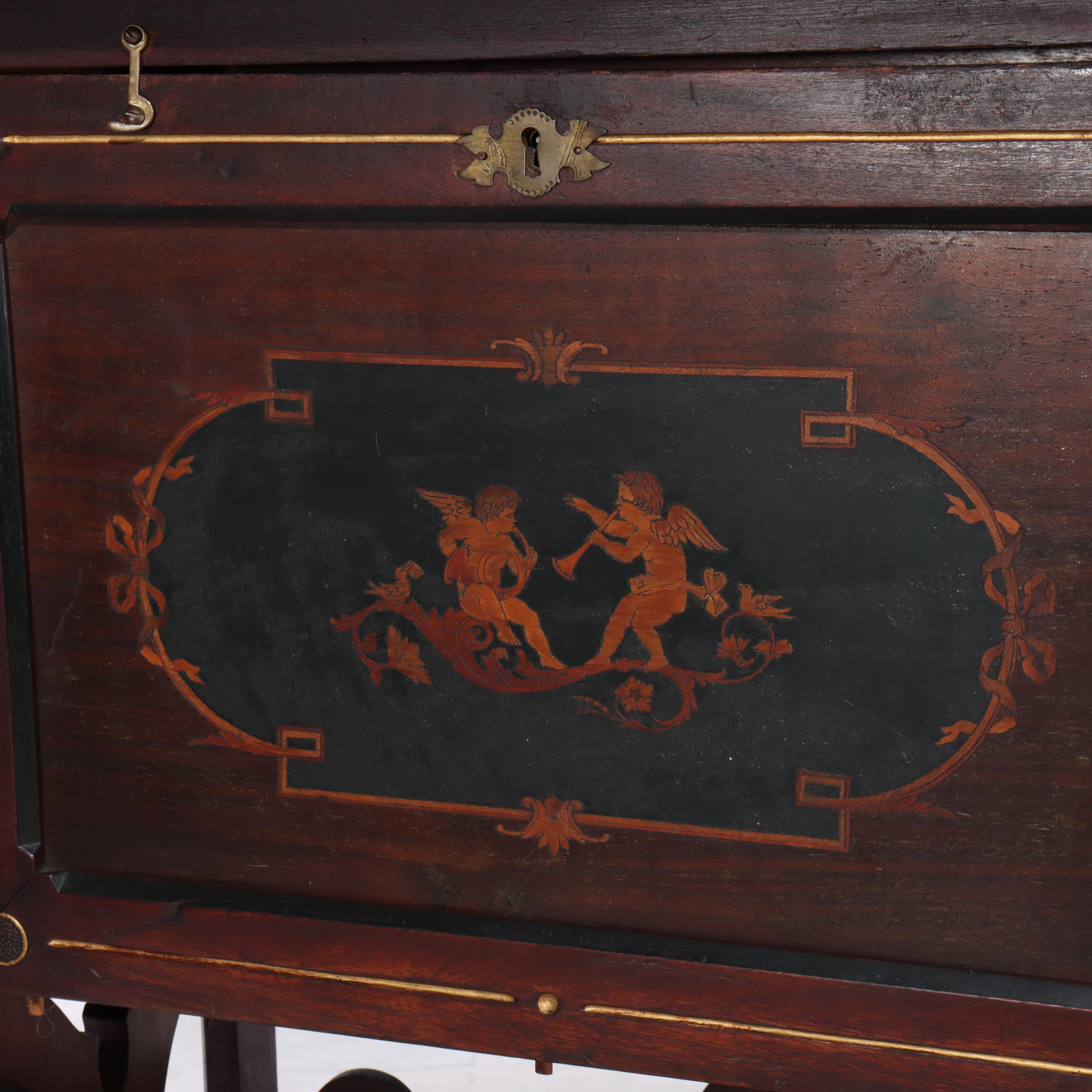 Antique Berkey & Gay Victorian Inlaid Black Walnut & Gilt Drop Front Desk c1890 In Good Condition For Sale In Big Flats, NY