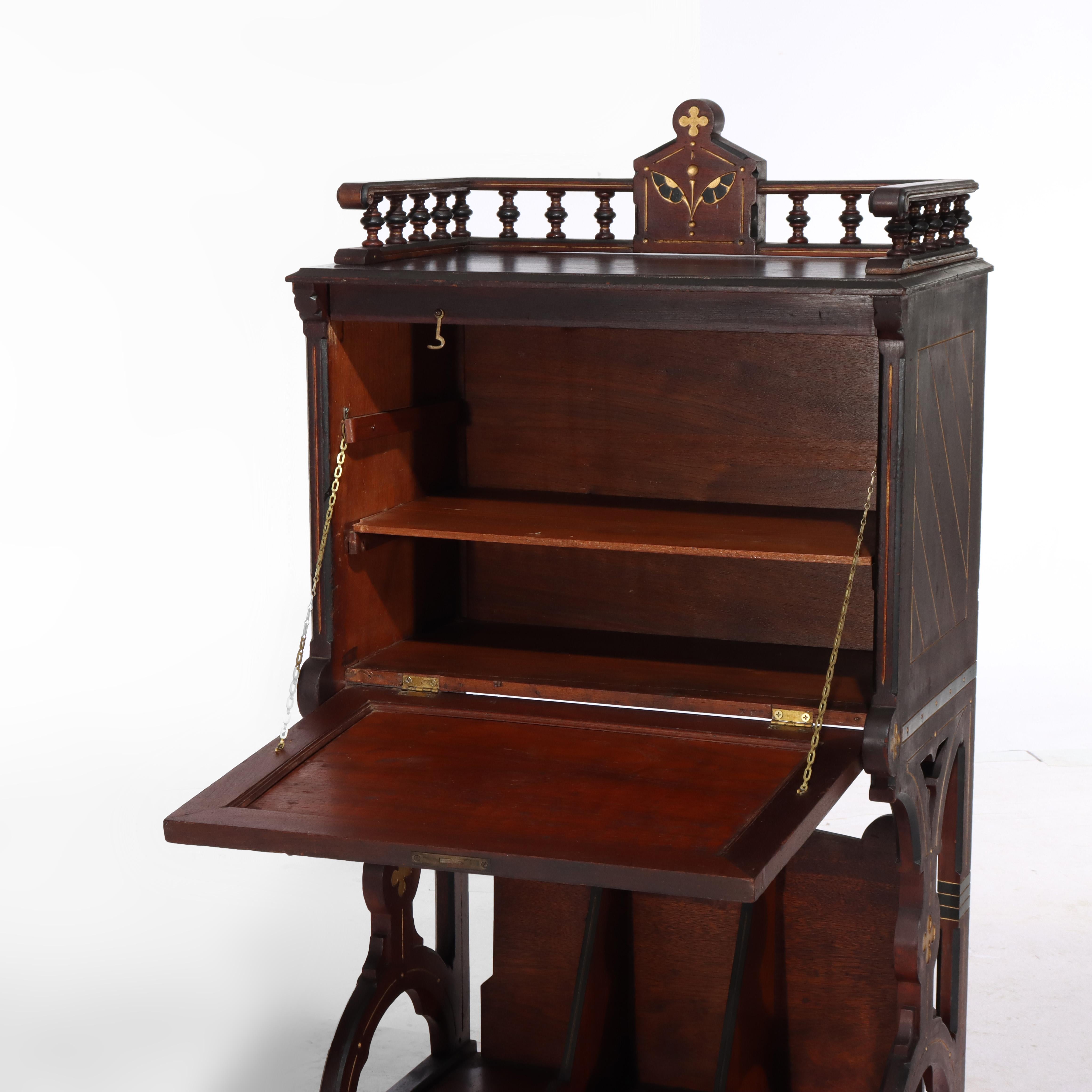 Antique Berkey & Gay Victorian Inlaid Black Walnut & Gilt Drop Front Desk c1890 For Sale 1