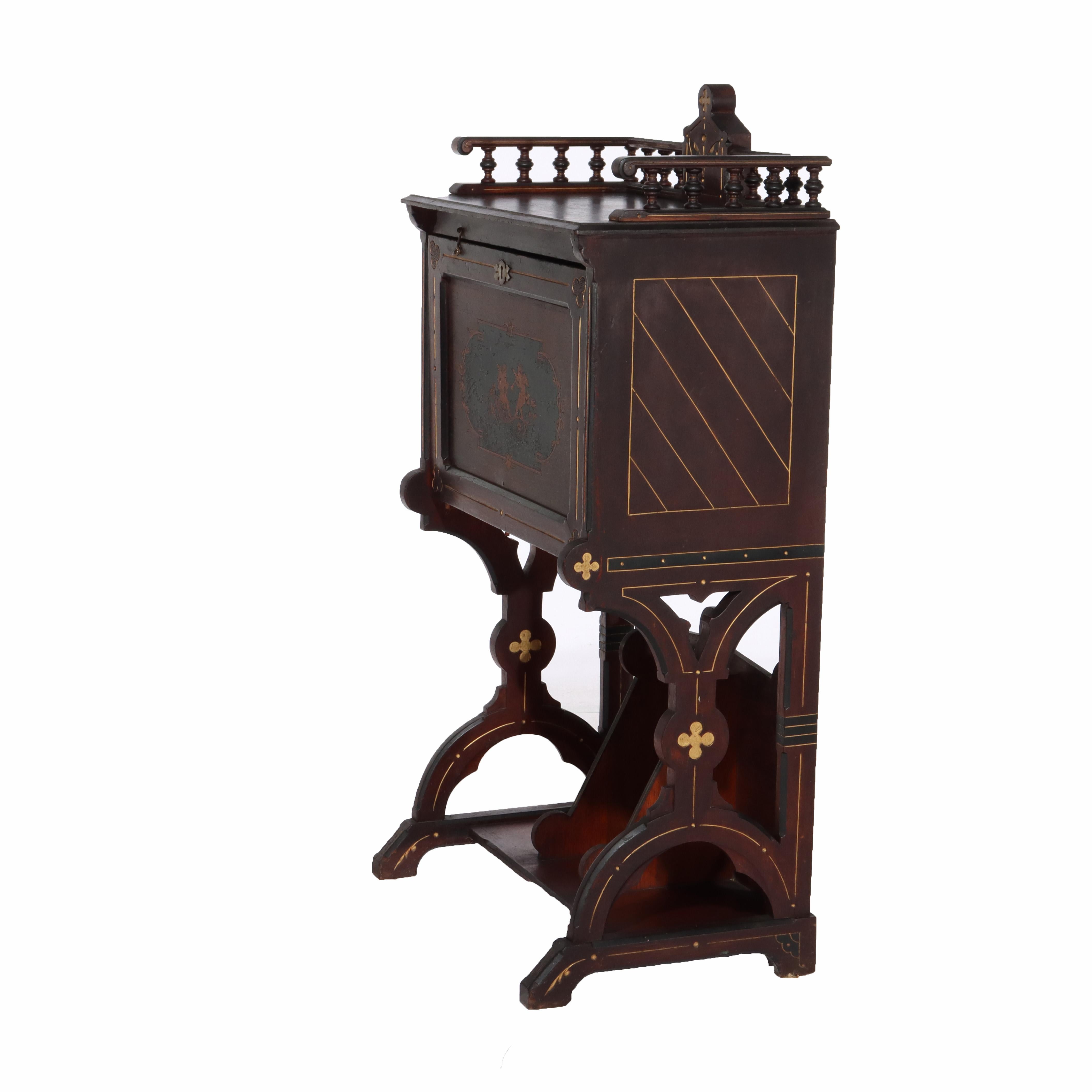 Antique Berkey & Gay Victorian Inlaid Black Walnut & Gilt Drop Front Desk c1890 For Sale 4