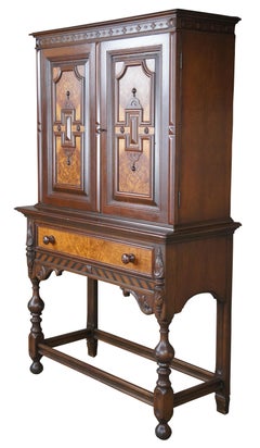 Antique Berkey & Gay William & Mary Walnut China Hutch Cabinet Jacobean Gothic