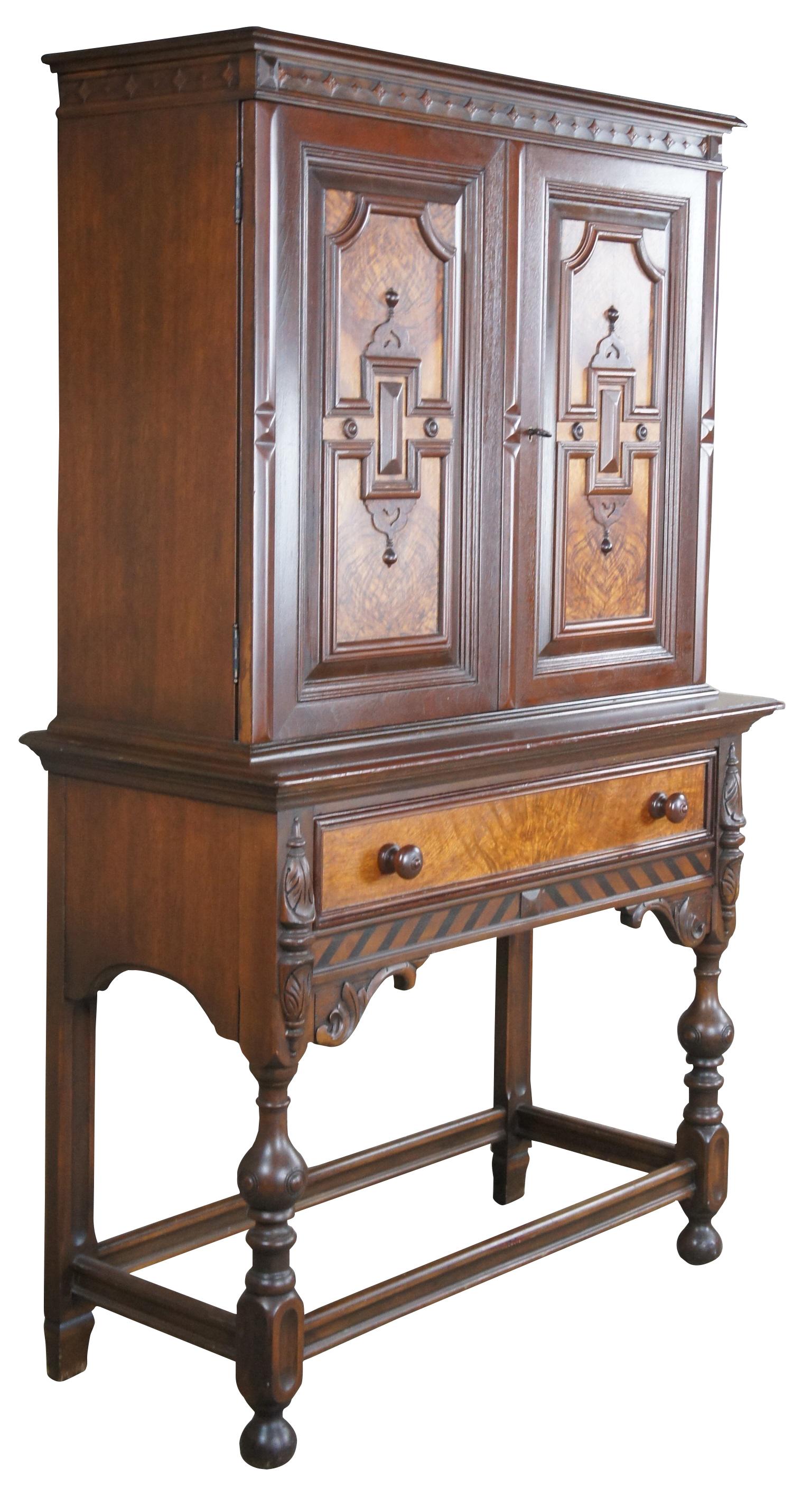 William and Mary Antique Berkey & Gay William & Mary Walnut China Hutch Cabinet Jacobean Gothic