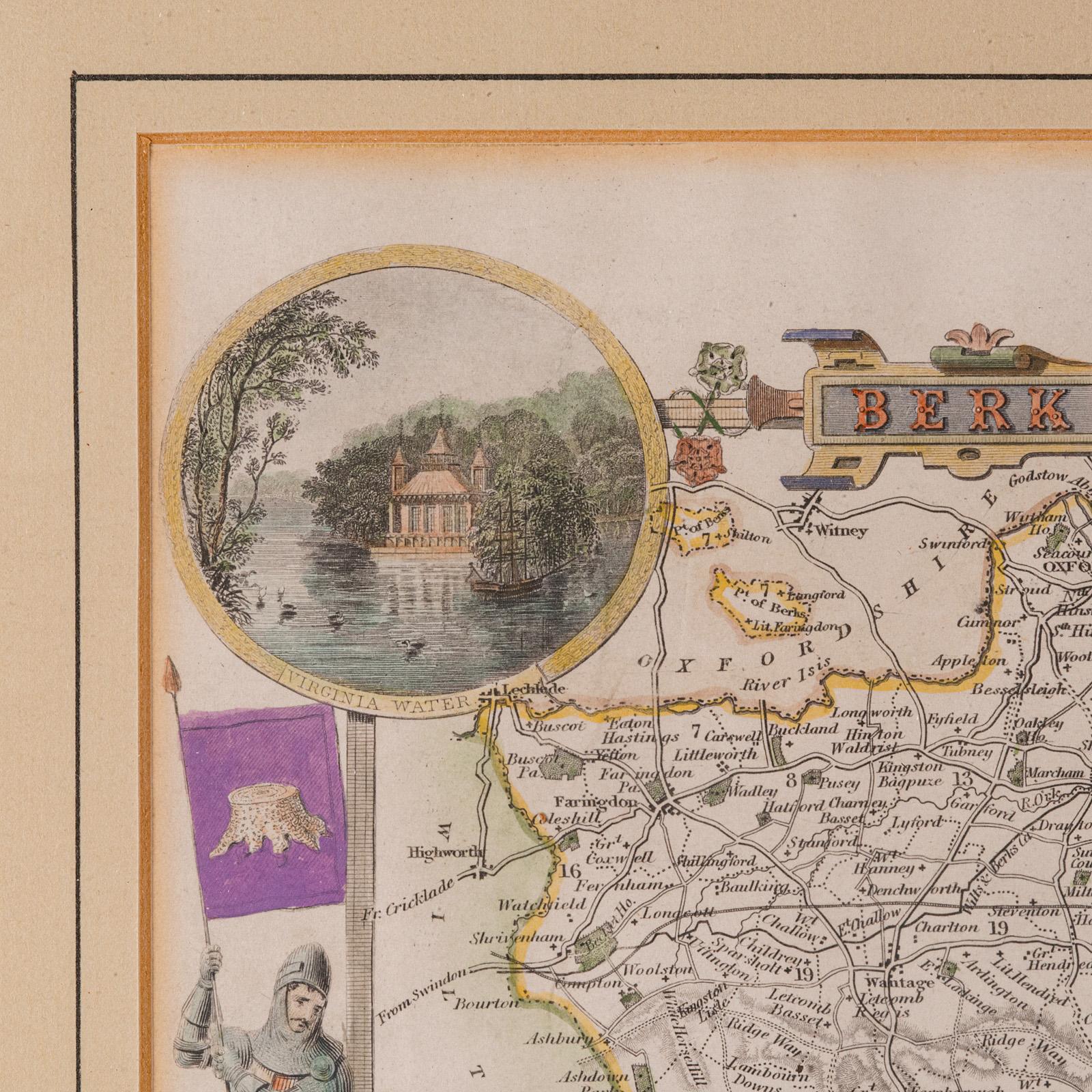 Glass Antique Berkshire Map, English County, Framed Engraving, Cartography, Lithograph For Sale
