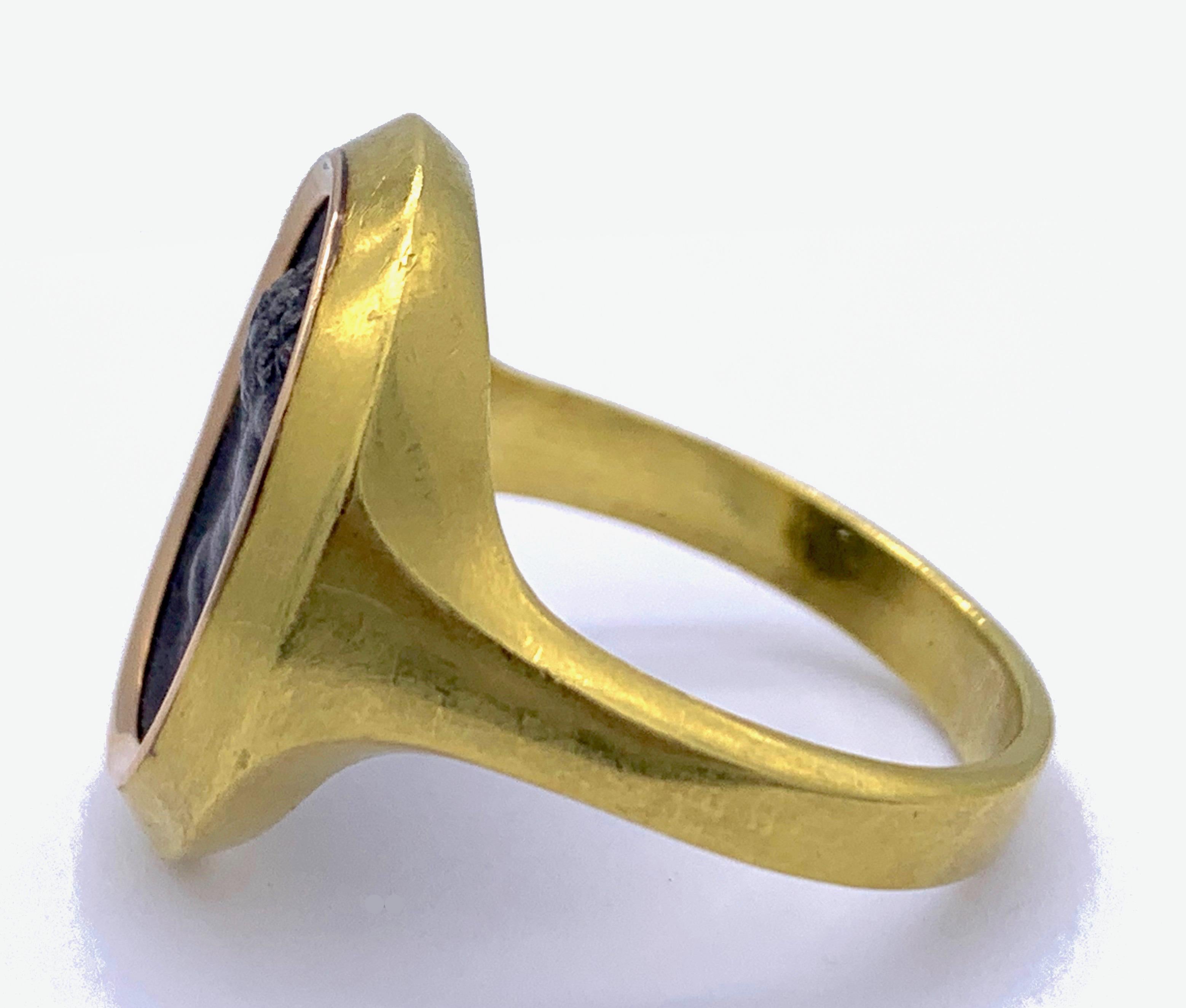 Men's Antique Berlin Iron Hercules Relief Portrait Strength 18 Karat Gold Modern Ring For Sale