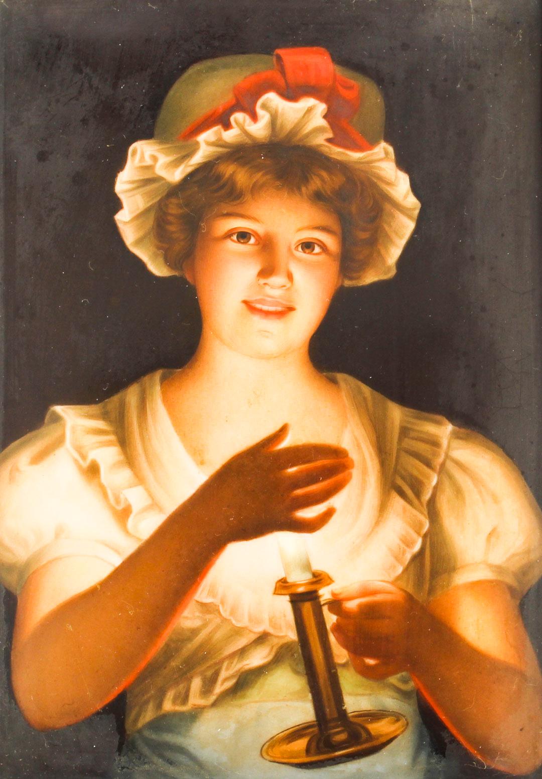 This is a very finely painted Berlin KPM porcelain plaque, circa 1880 in date.

The plaque features a beautiful young lady wearing a white night dress and a green and red cap. She is holding a candle which reflects stunningly in her charming
