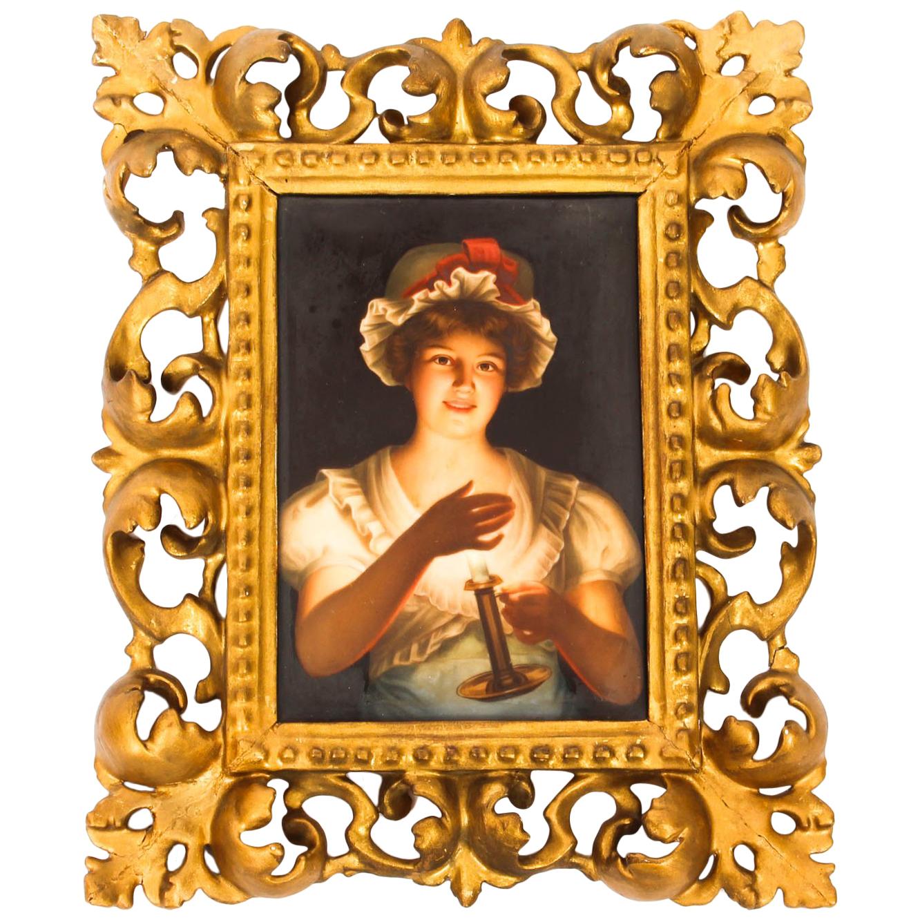 Antique Berlin KPM Porcelain Plaque Young Lady with Candle, 19th Century