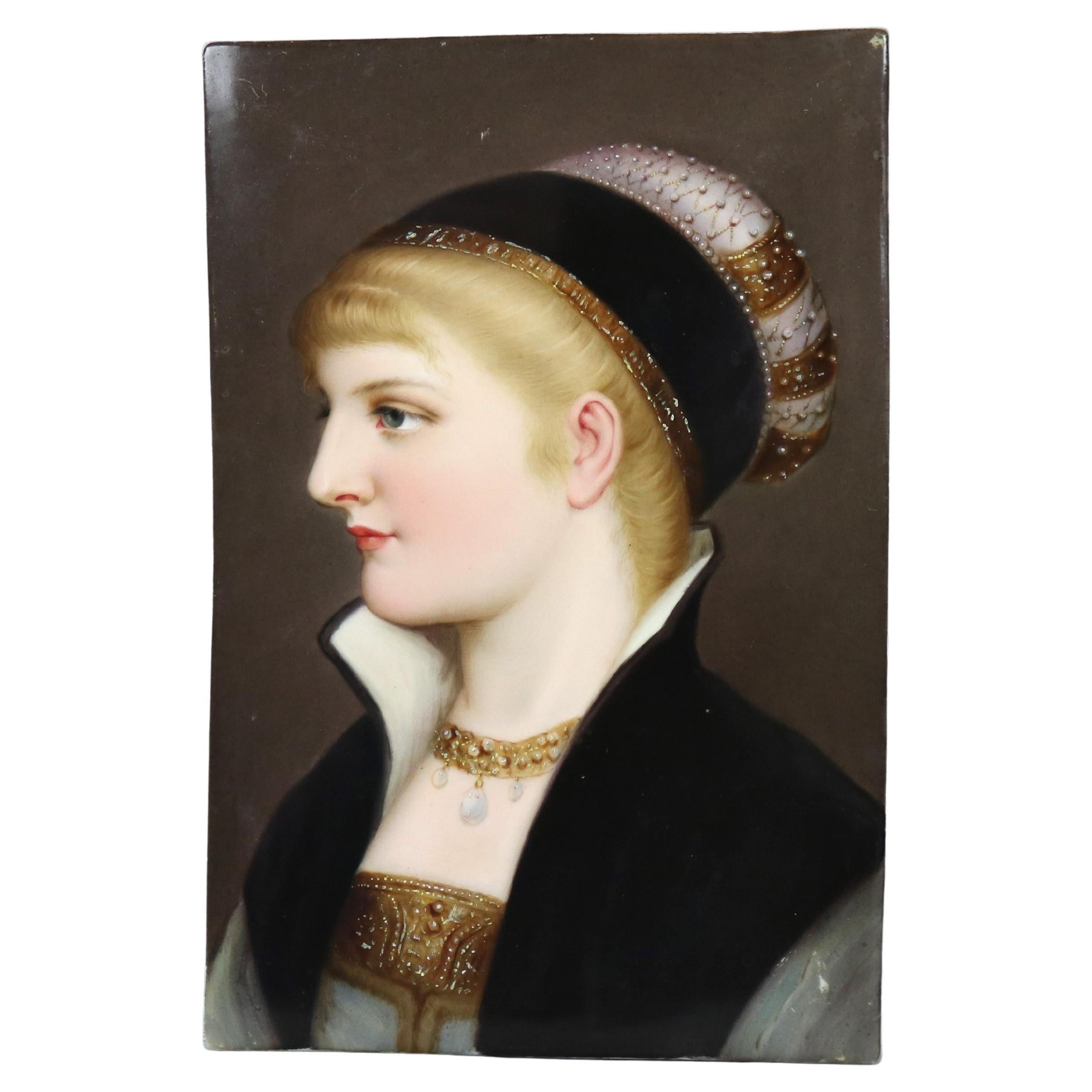 Ancienne plaque de portrait de femme en porcelaine de l'école de Berlin KPM C1890