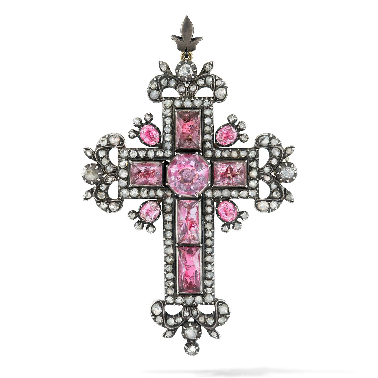 Gothic Revival Antique Beryl and Diamond Cross Brooch For Sale