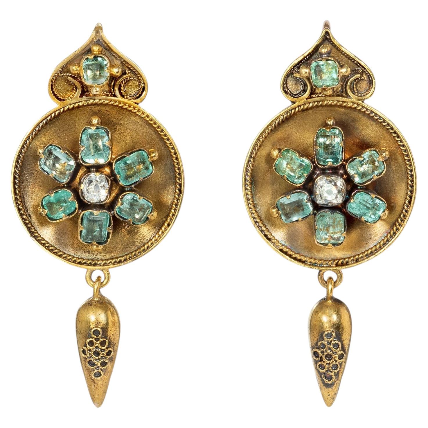Antique beryl and diamond pendant earrings For Sale