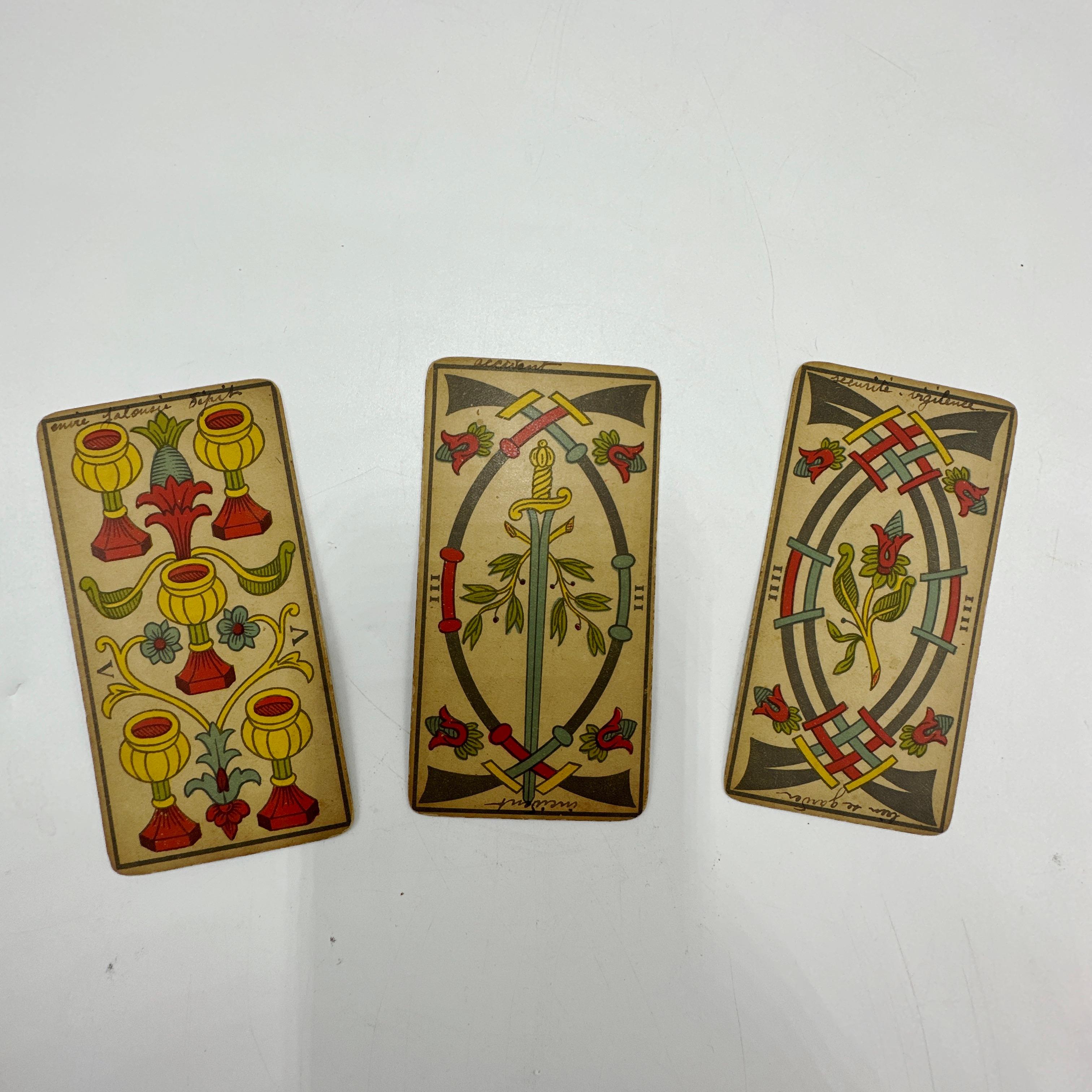 Here is a beautiful, original and rare set of Antique Besancon Tarot Cards Complete 78 card set. Circa Late 19th Century BP Grimaud Paris France.

Complete 78 cards (no box or booklet)

Published by B. P. Grimaud, Paris, France, 1890s

Card
