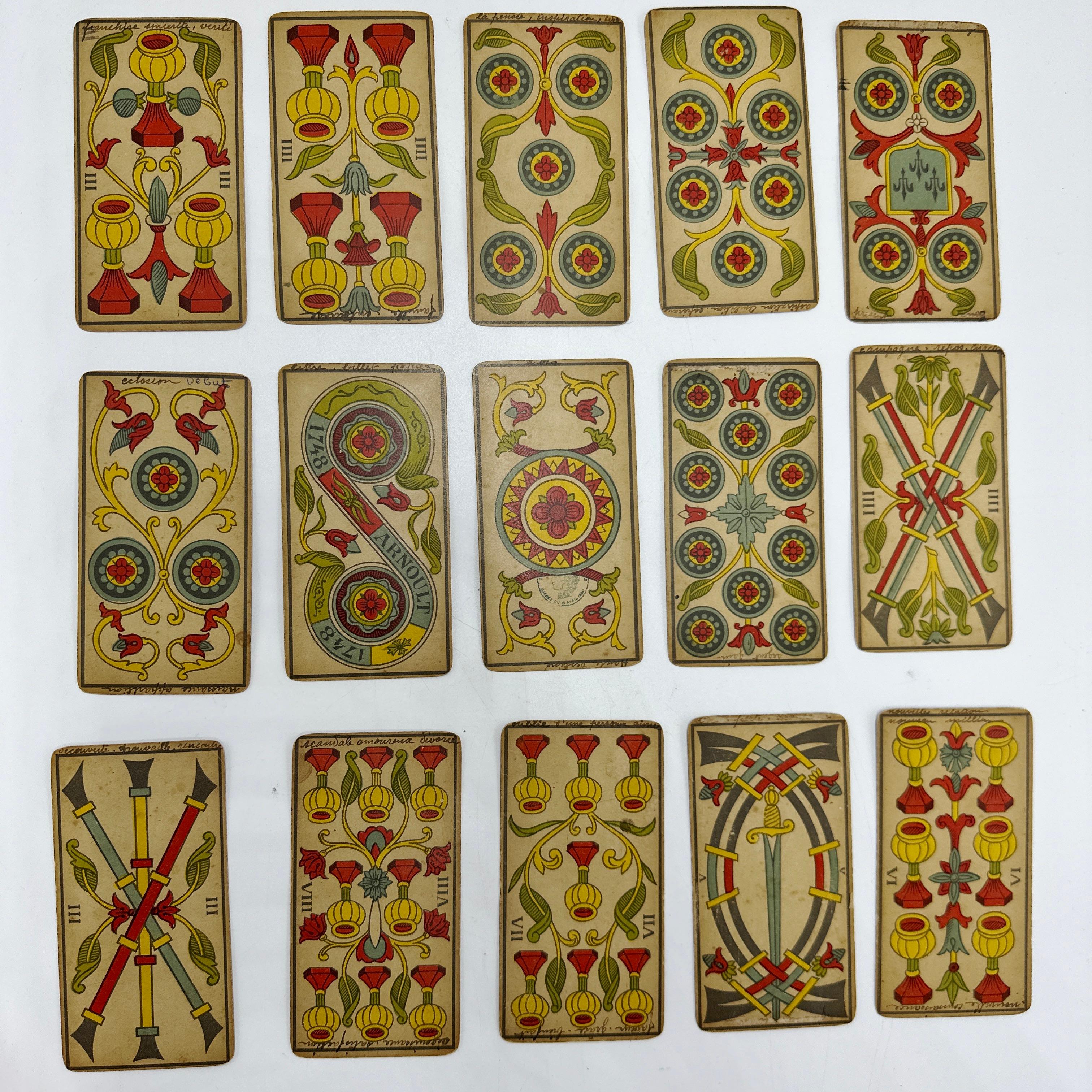Antique Besancon Tarot Deck 78 Cards Complete Late 19th Century BP Grimaud Paris In Good Condition In Victoria, BC