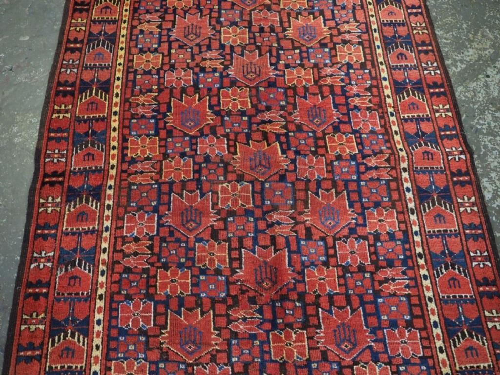 Antique Ersari Beshir Turkmen kelleh carpet of small size
Circa 1880

A good Beshir kelleh of scarce small size with an outstanding colour palette of reds and blues with highlights in yellow

Excellent condition with even wear and medium pile

Hand