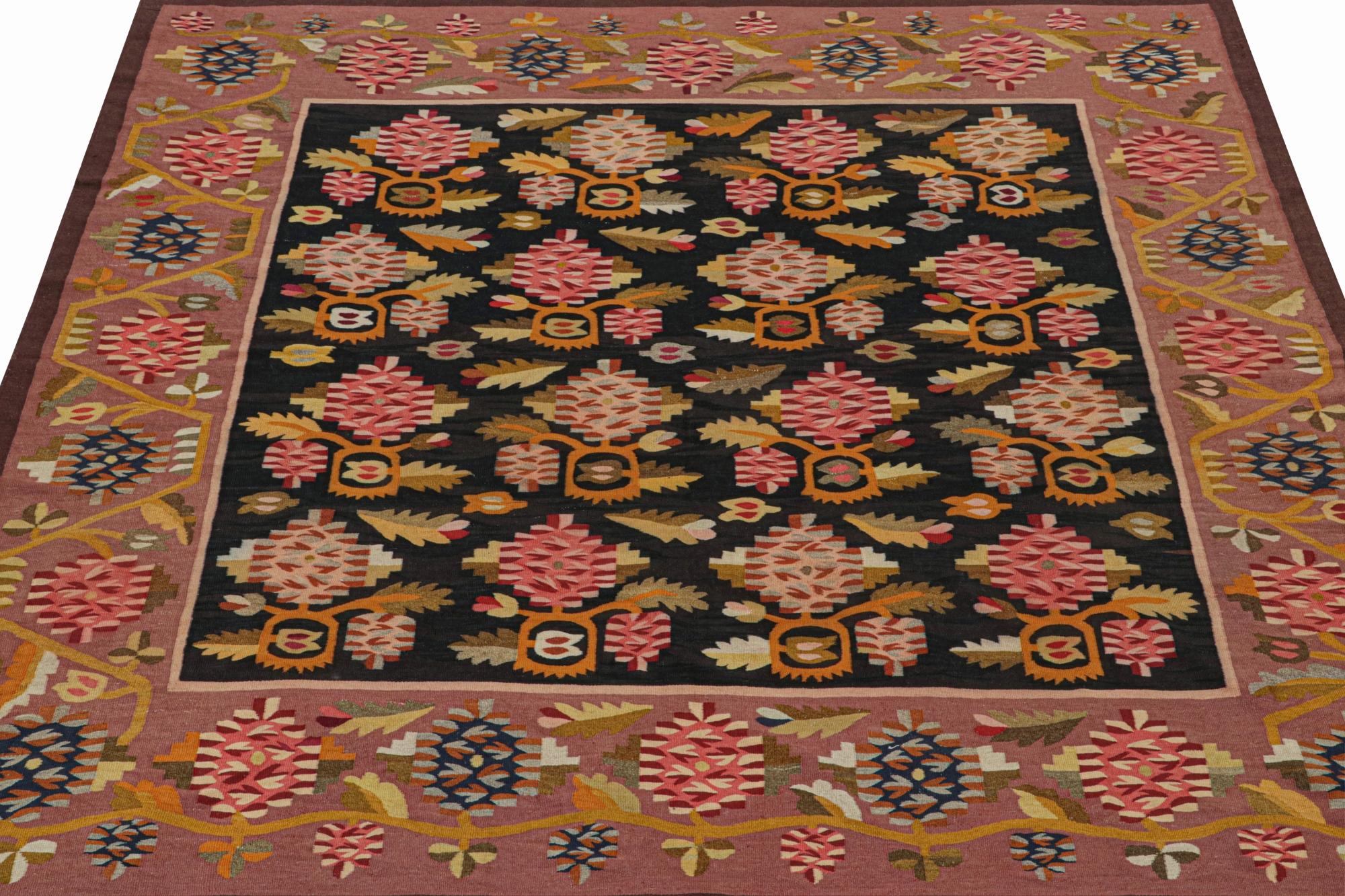 Handwoven in wool, this antique 7x7 square Kilim is a rare Bessarabian flat weave, originating circa 1920-1930.

On the Design:

Connoisseurs may note how rare it is to find a square Bessarabian Kilim among those curated today. This particular