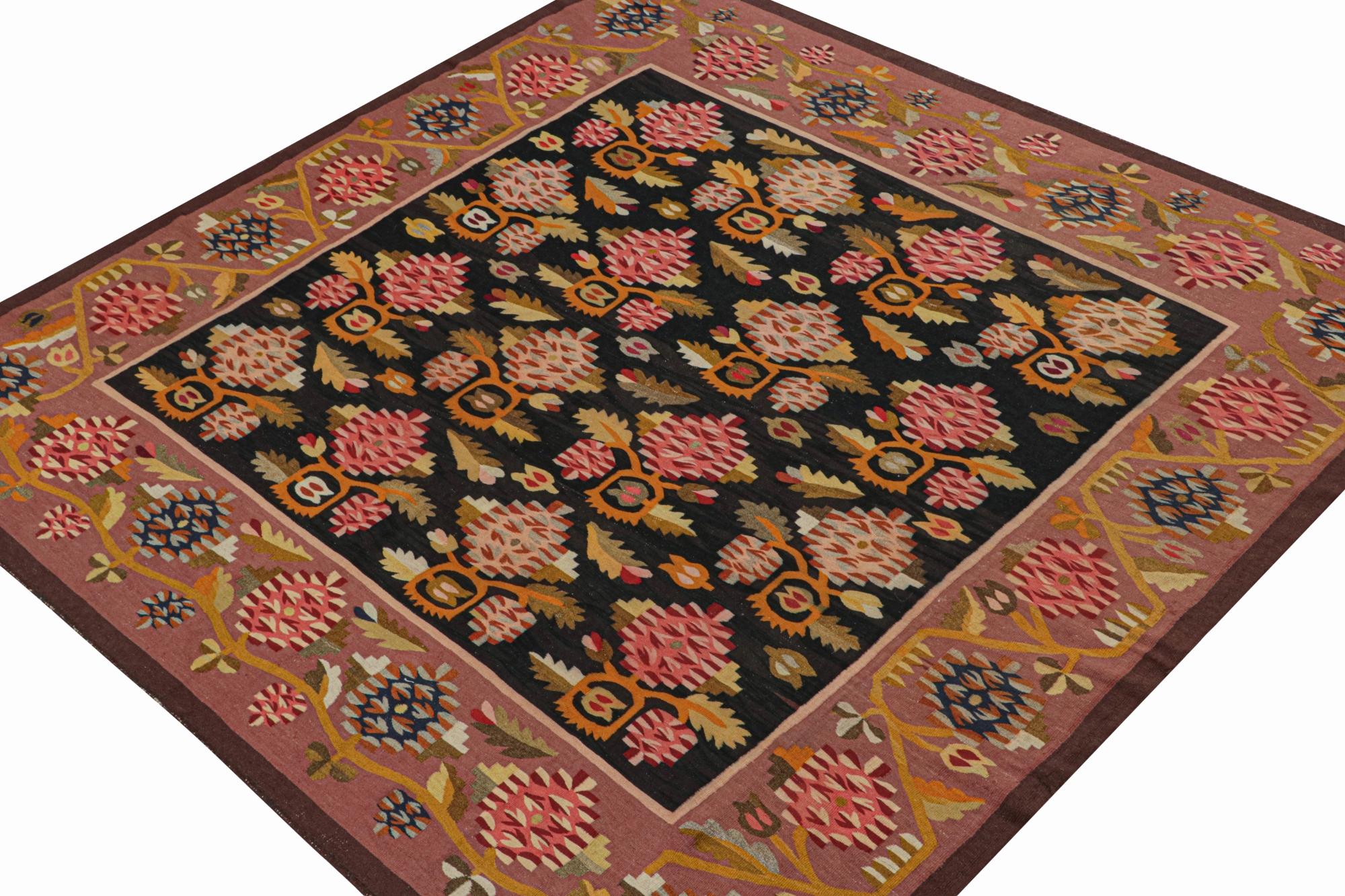 Turkish Antique Bessarabian Kilim in Black & Pink with Floral Patterns, from Rug & Kilim For Sale