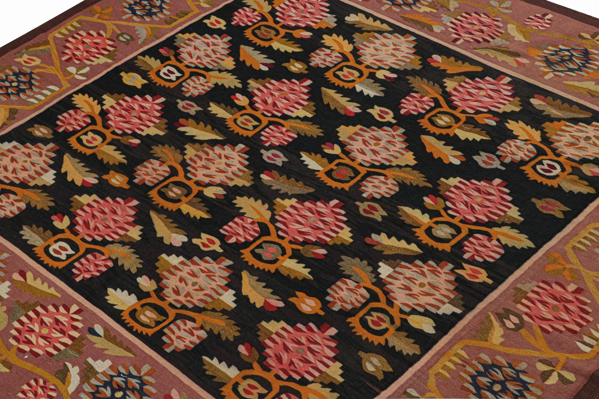 Hand-Knotted Antique Bessarabian Kilim in Black & Pink with Floral Patterns, from Rug & Kilim For Sale