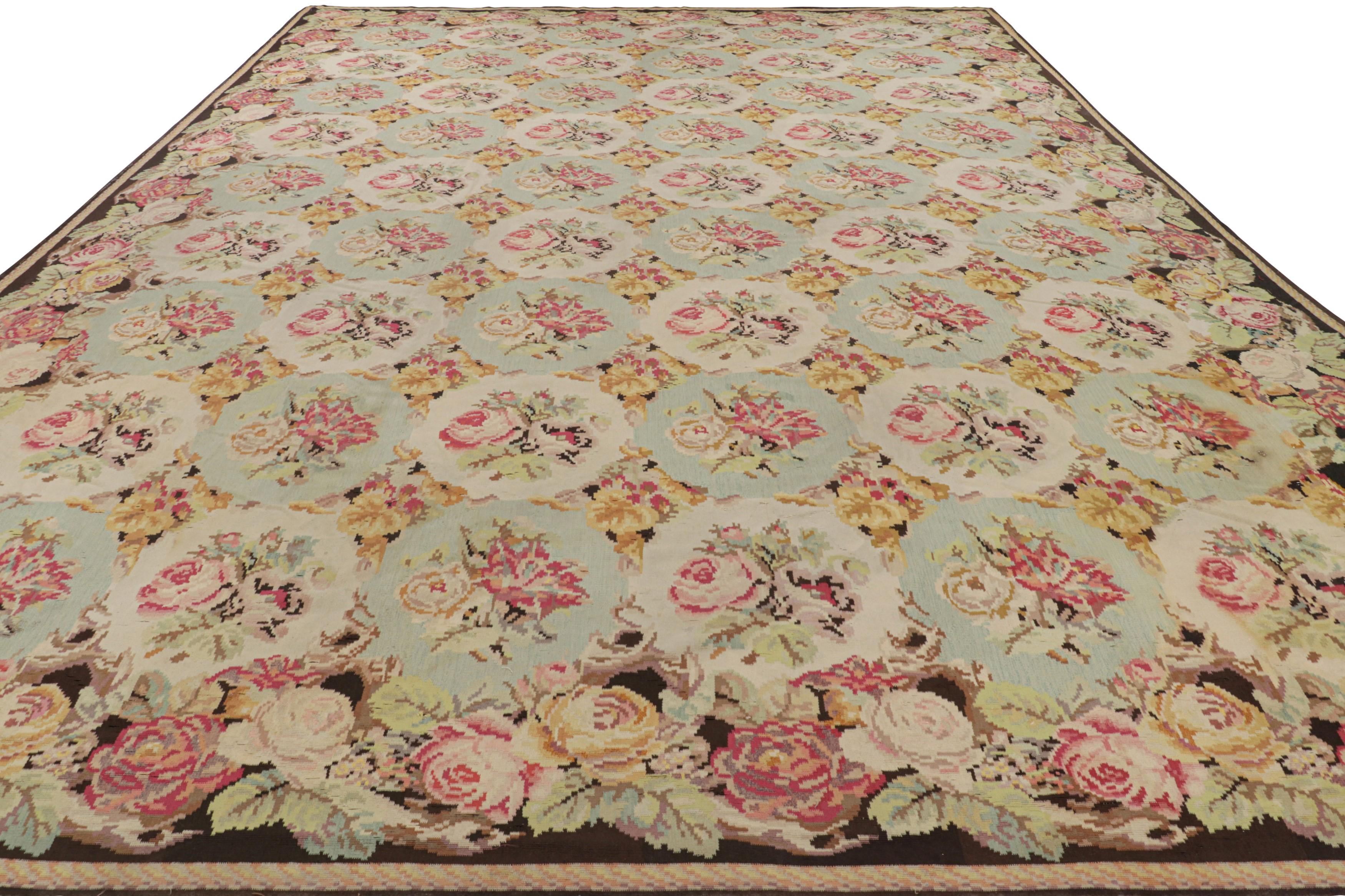 Hand-Woven Antique Bessarabian Kilim in Light Green with Floral Patterns  Rug & Kilim For Sale