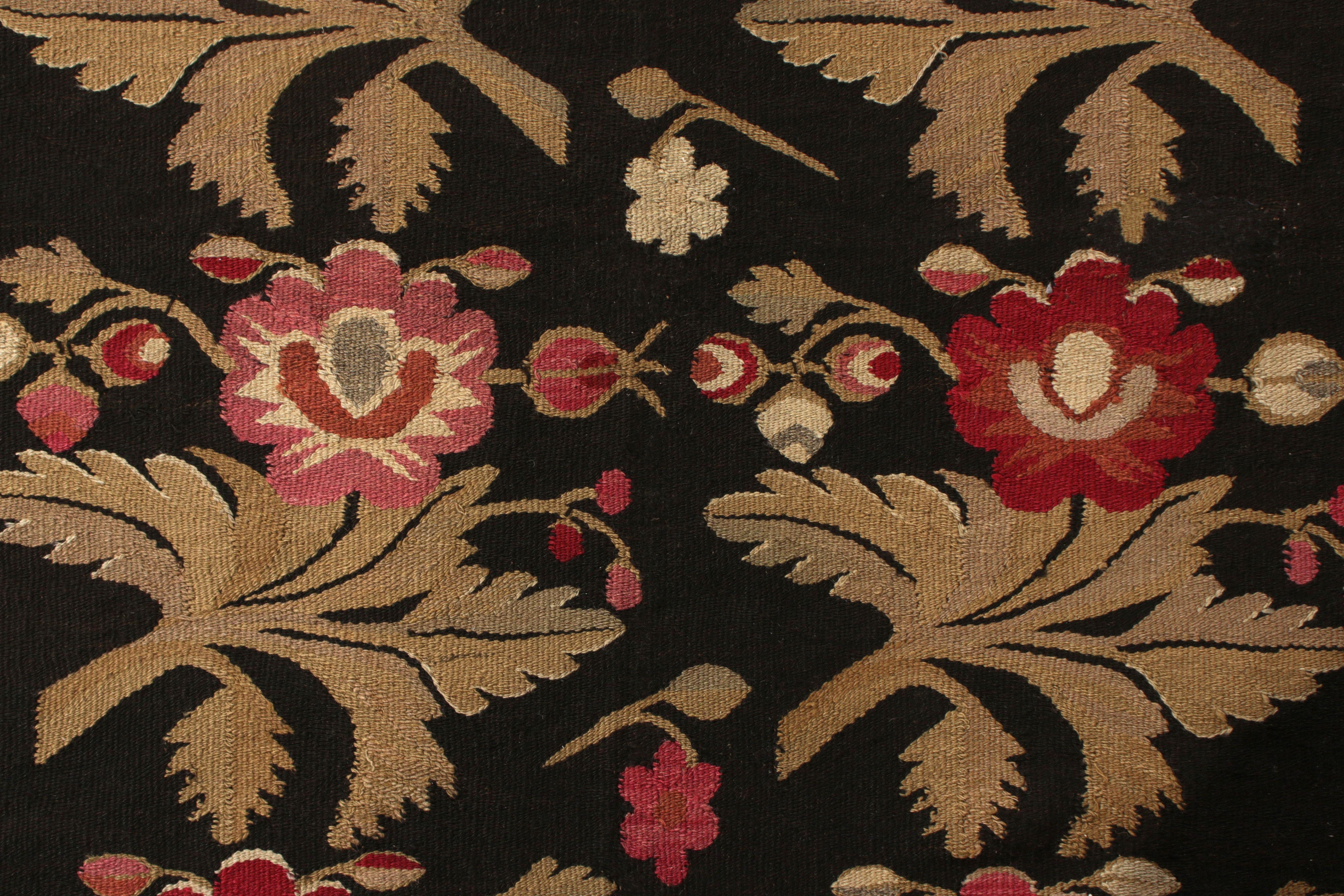 Romanian Antique Bessarabian Kilim Rug in Black with Red Floral Pattern by Rug & Kilim For Sale