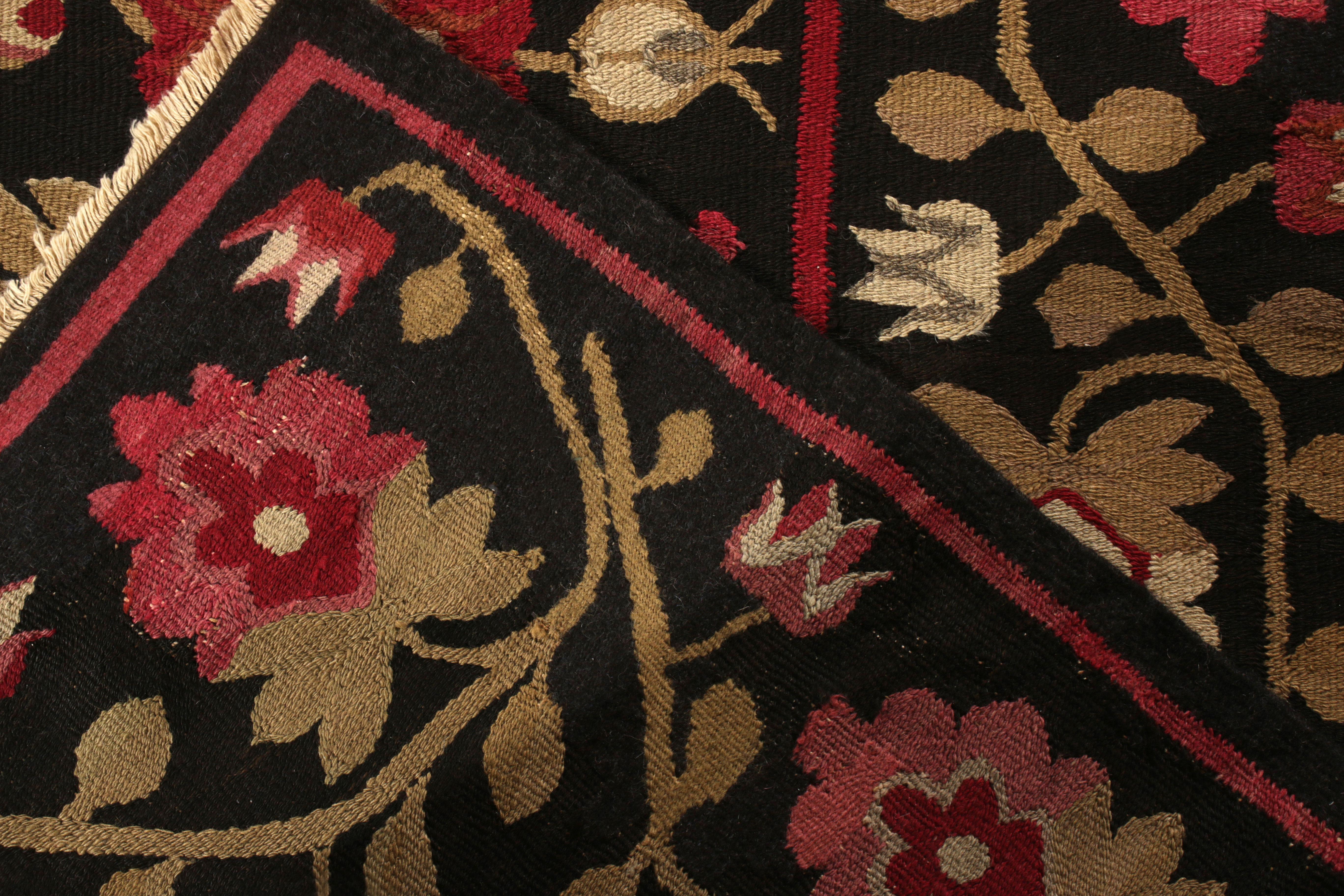 Hand-Knotted Antique Bessarabian Kilim Rug in Black with Red Floral Pattern by Rug & Kilim For Sale