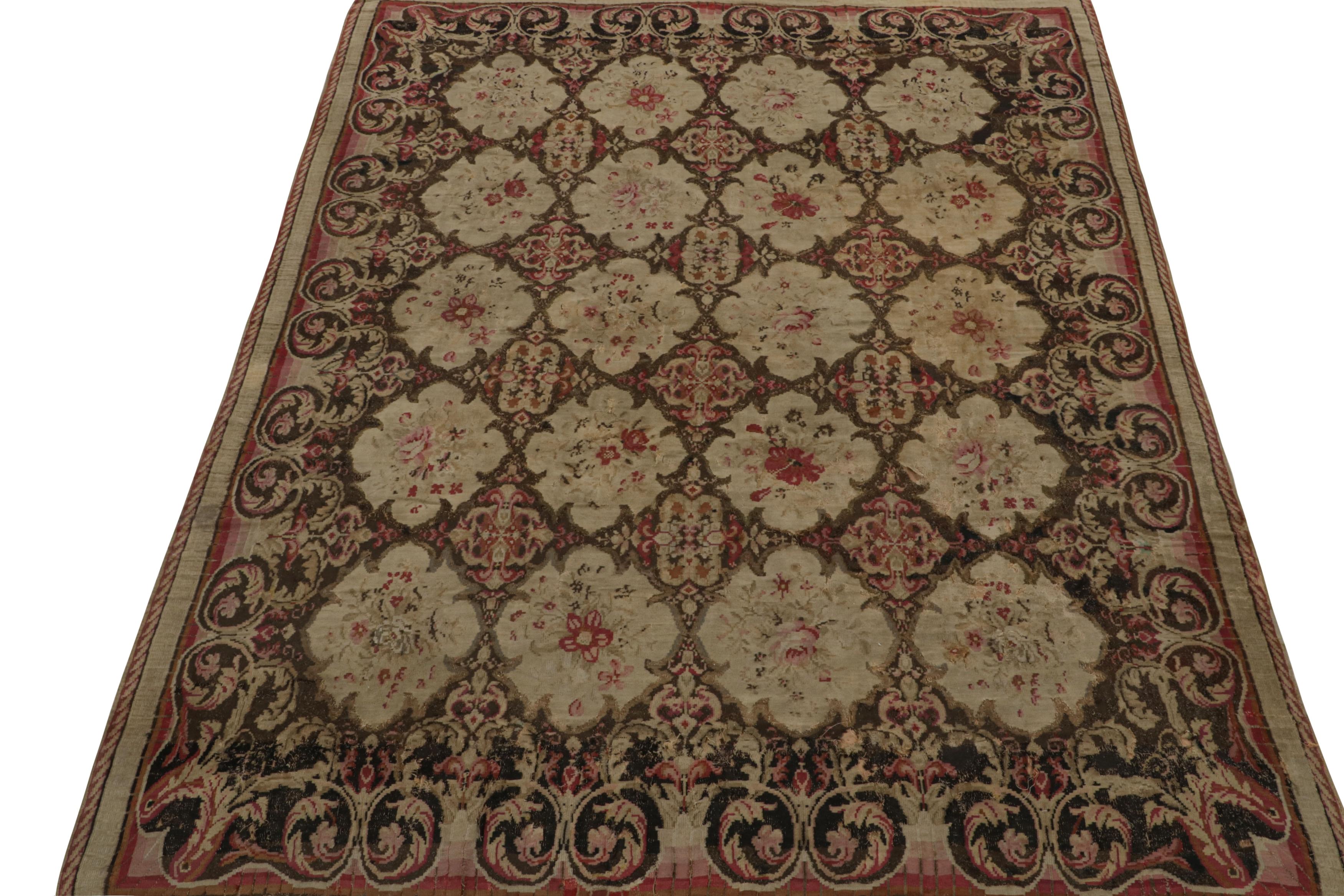 Romanian Antique Bessarabian Kilim rug in brown, with Floral patterns, from Rug & Kilim For Sale