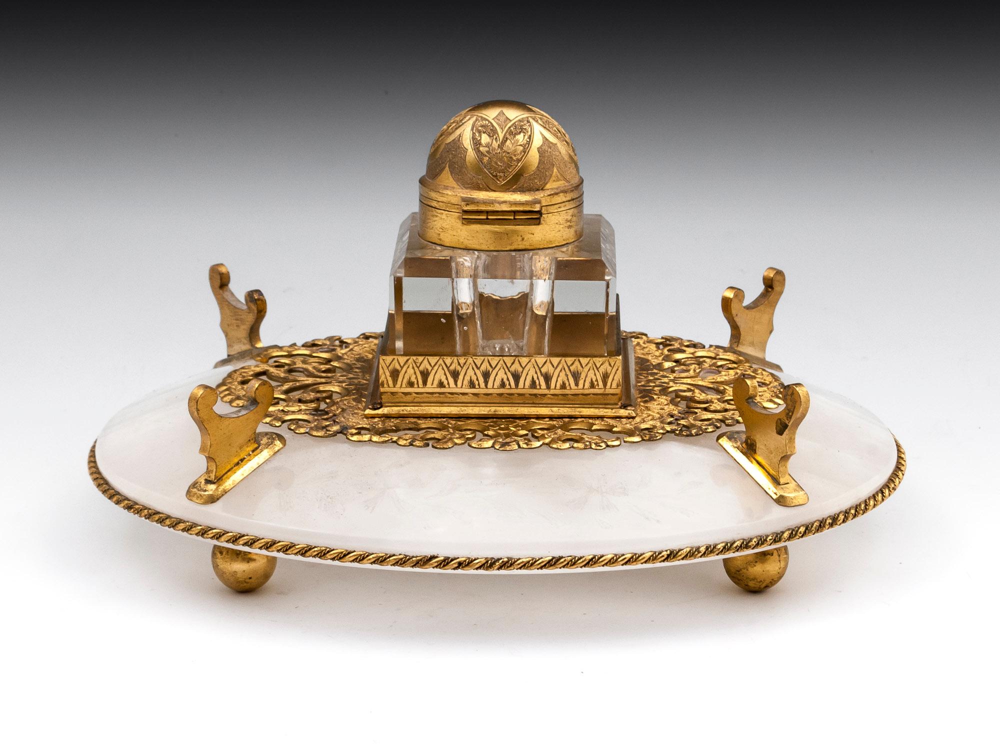 Victorian Antique Betjemann Onyx Gilded Bronze Inkwell, 19th Century For Sale