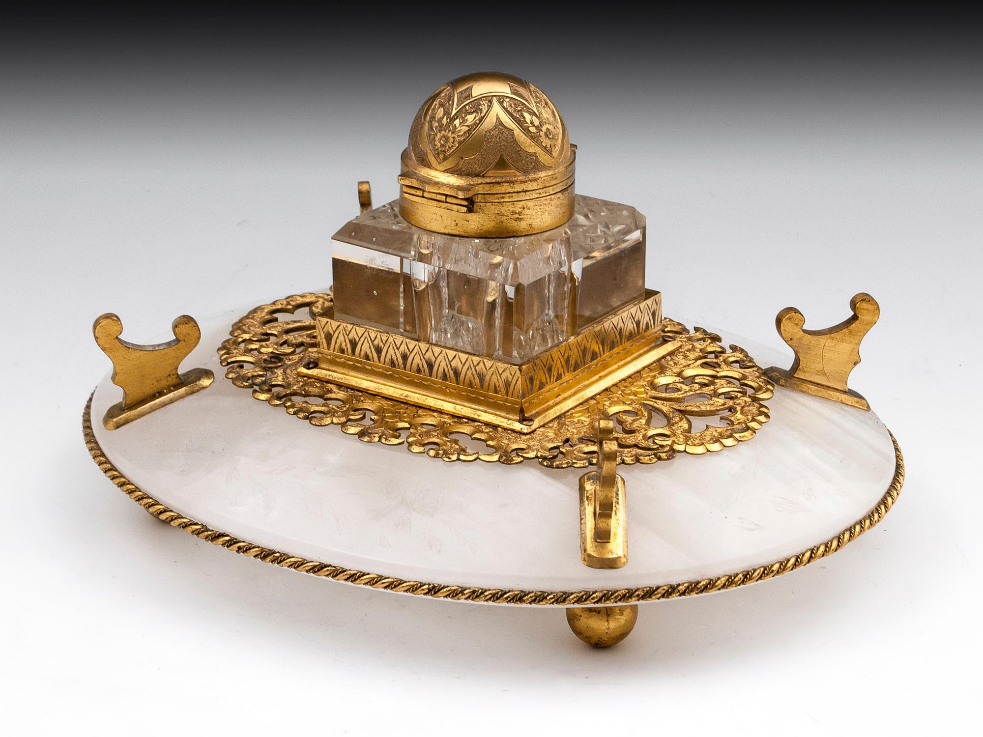 British Antique Betjemann Onyx Gilded Bronze Inkwell, 19th Century For Sale