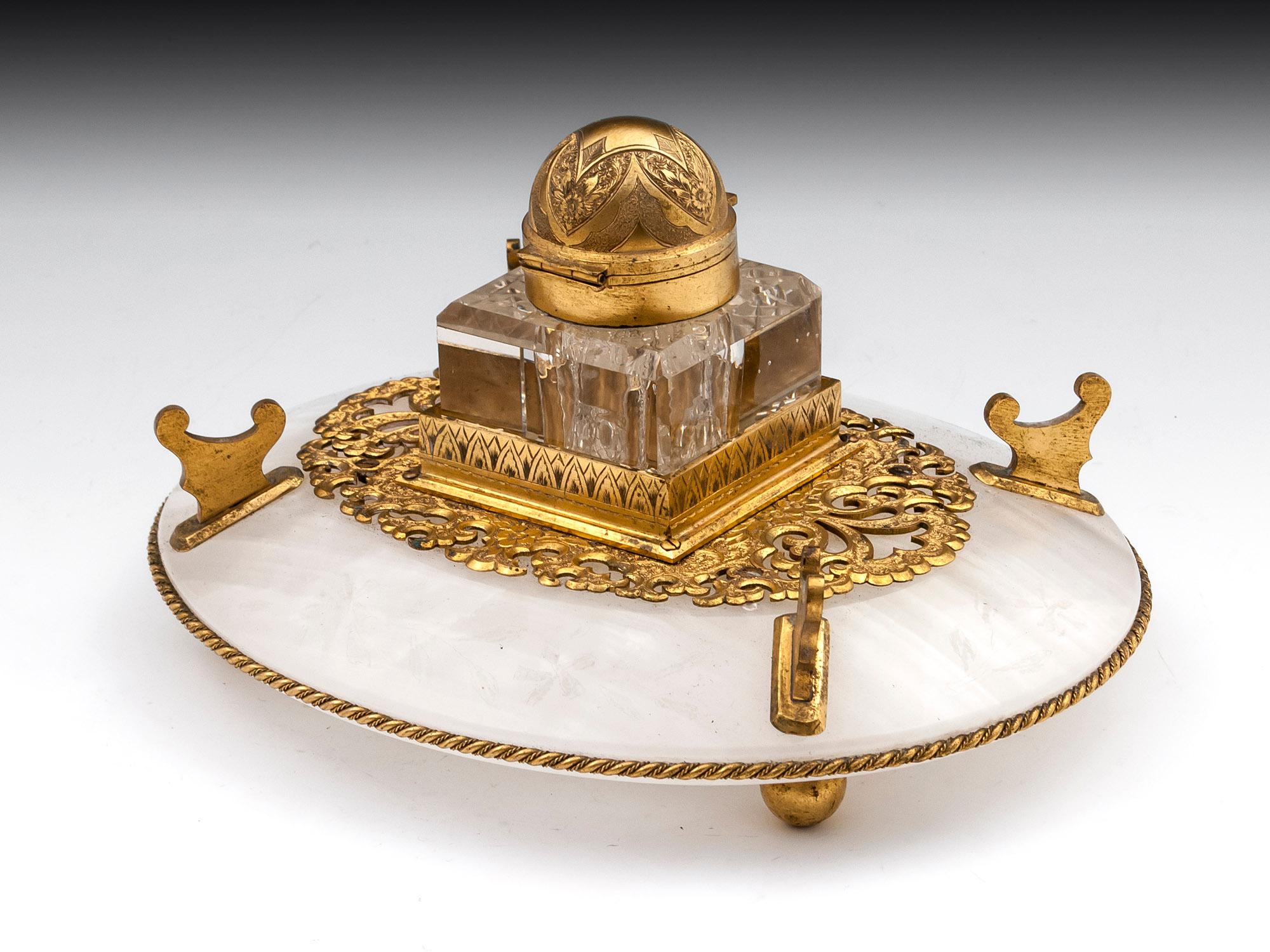 Antique Betjemann Onyx Gilded Bronze Inkwell, 19th Century In Good Condition For Sale In Northampton, United Kingdom