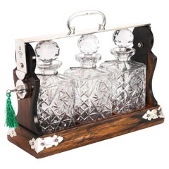 Antique Betjemann’s Coromandel 3 Crystal Decanter Tantalus Silver Hallmarks 1907