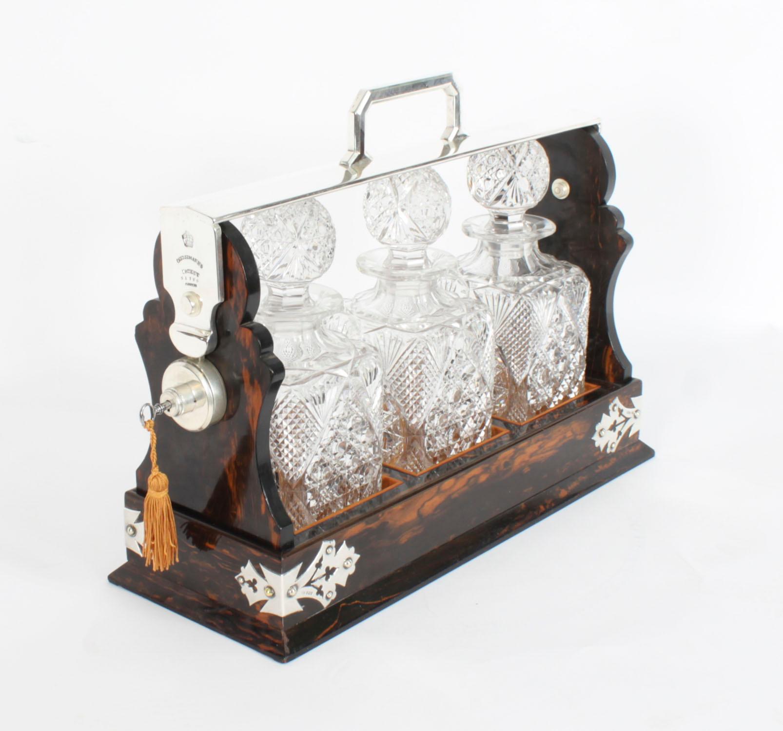 Argento 925 Antico decanter di cristallo Betjemann's Coromandel Tantalus con marchio di fabbrica del XX secolo