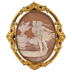 Antique "Betrothal Couple Rushing" Shell Cameo Brooch Pendant