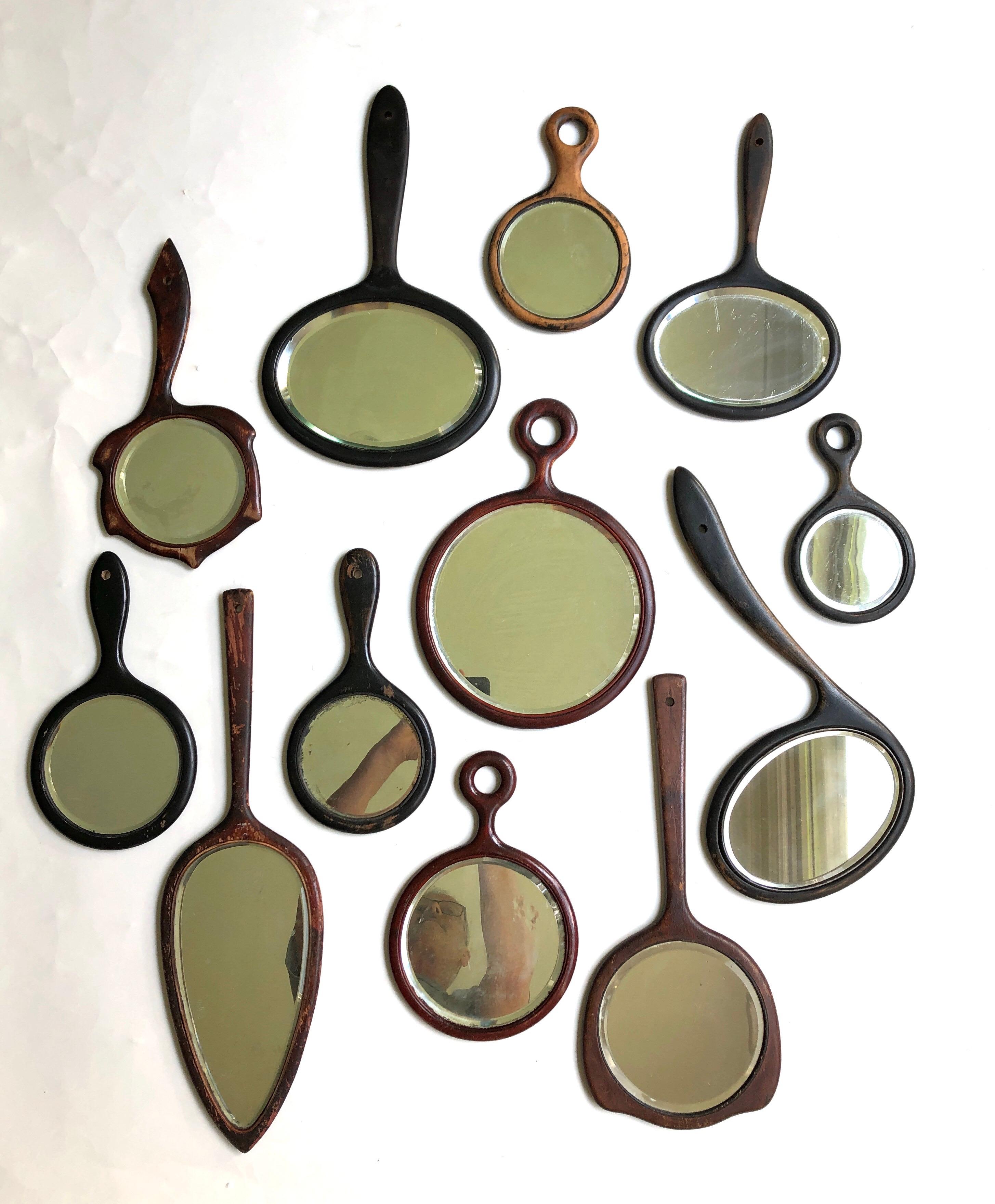 Art Deco Antique Beveled Glass Wooden Hand Mirror Collection of 12