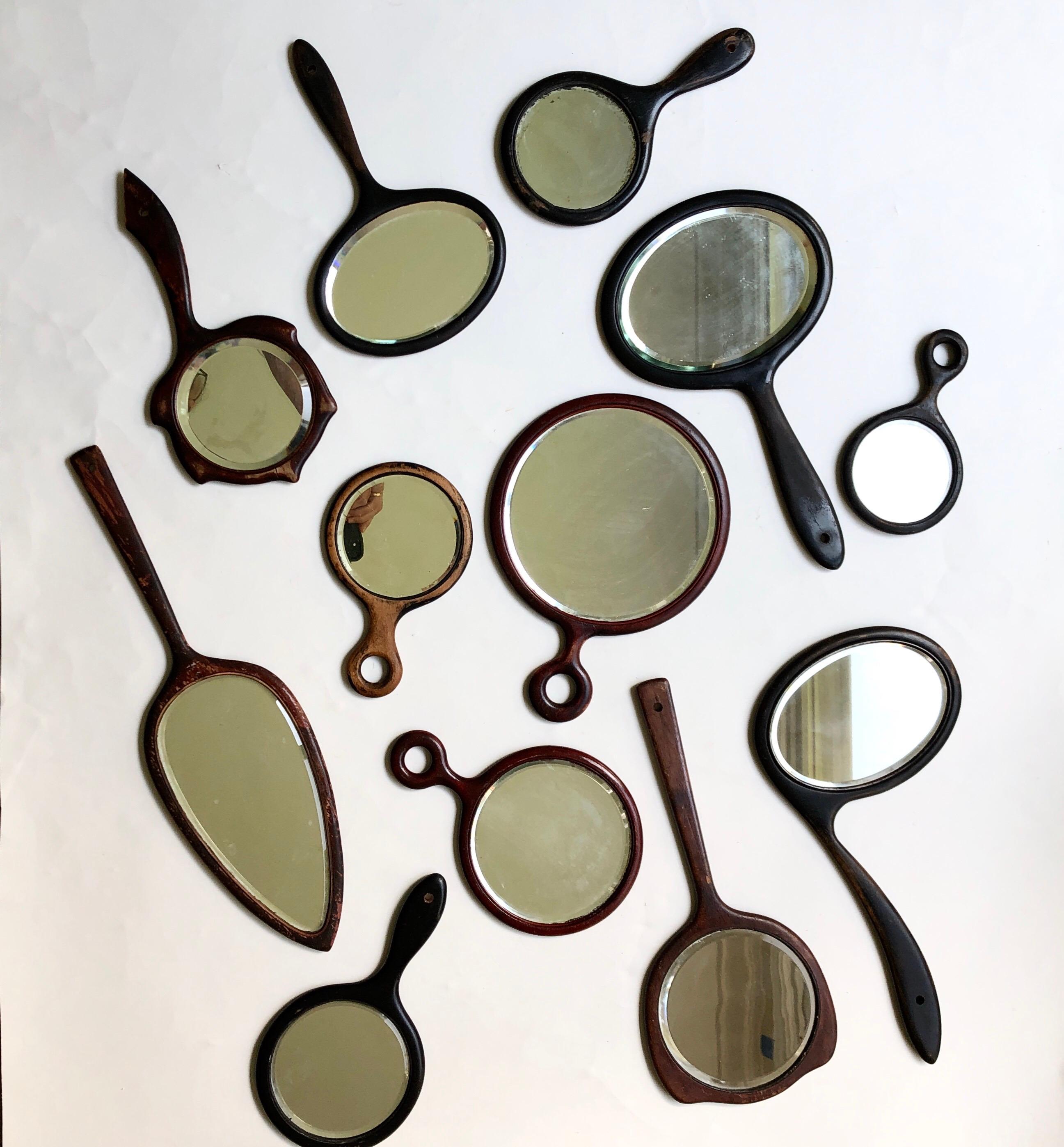 Unknown Antique Beveled Glass Wooden Hand Mirror Collection of 12