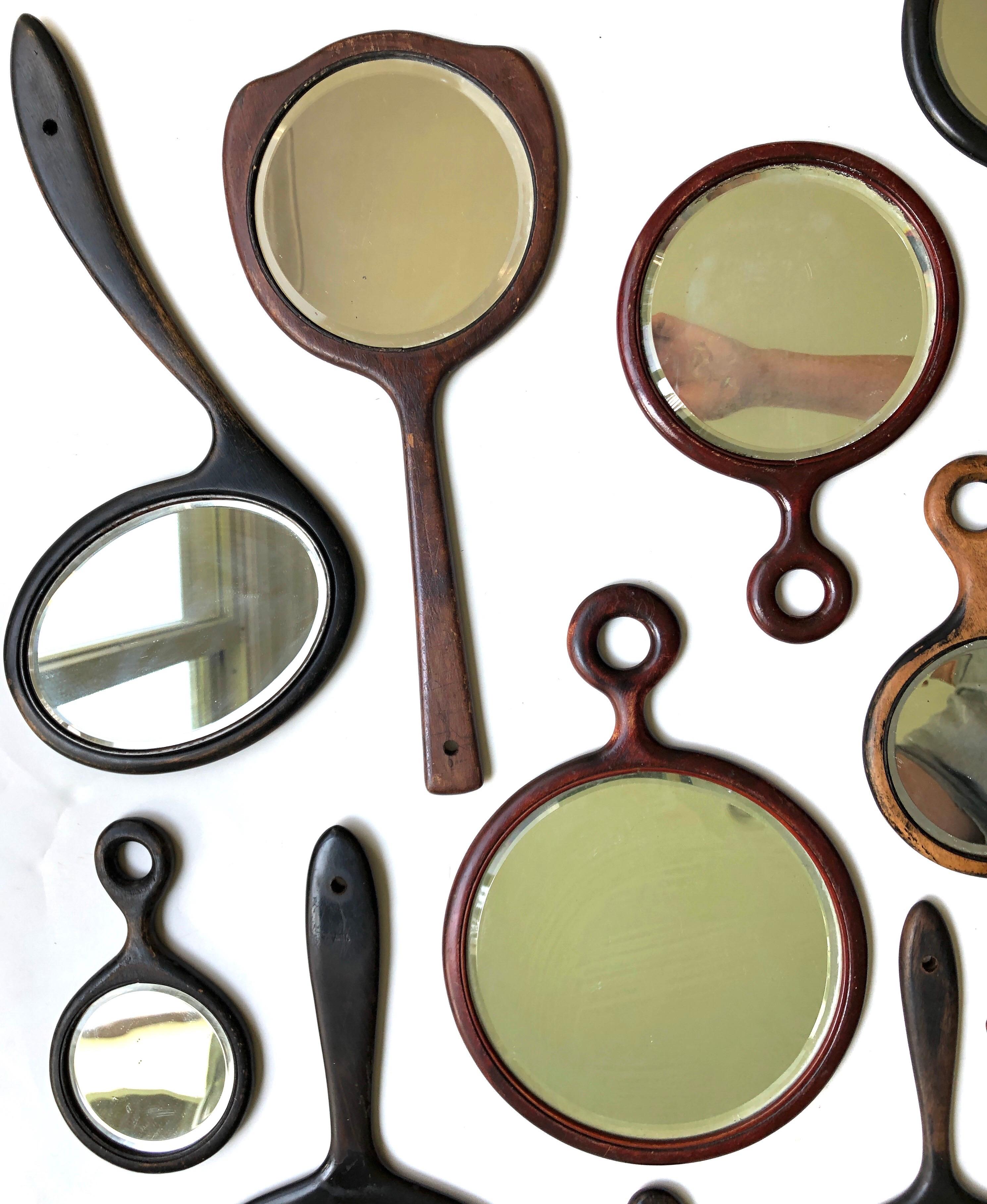 Machine-Made Antique Beveled Glass Wooden Hand Mirror Collection of 12