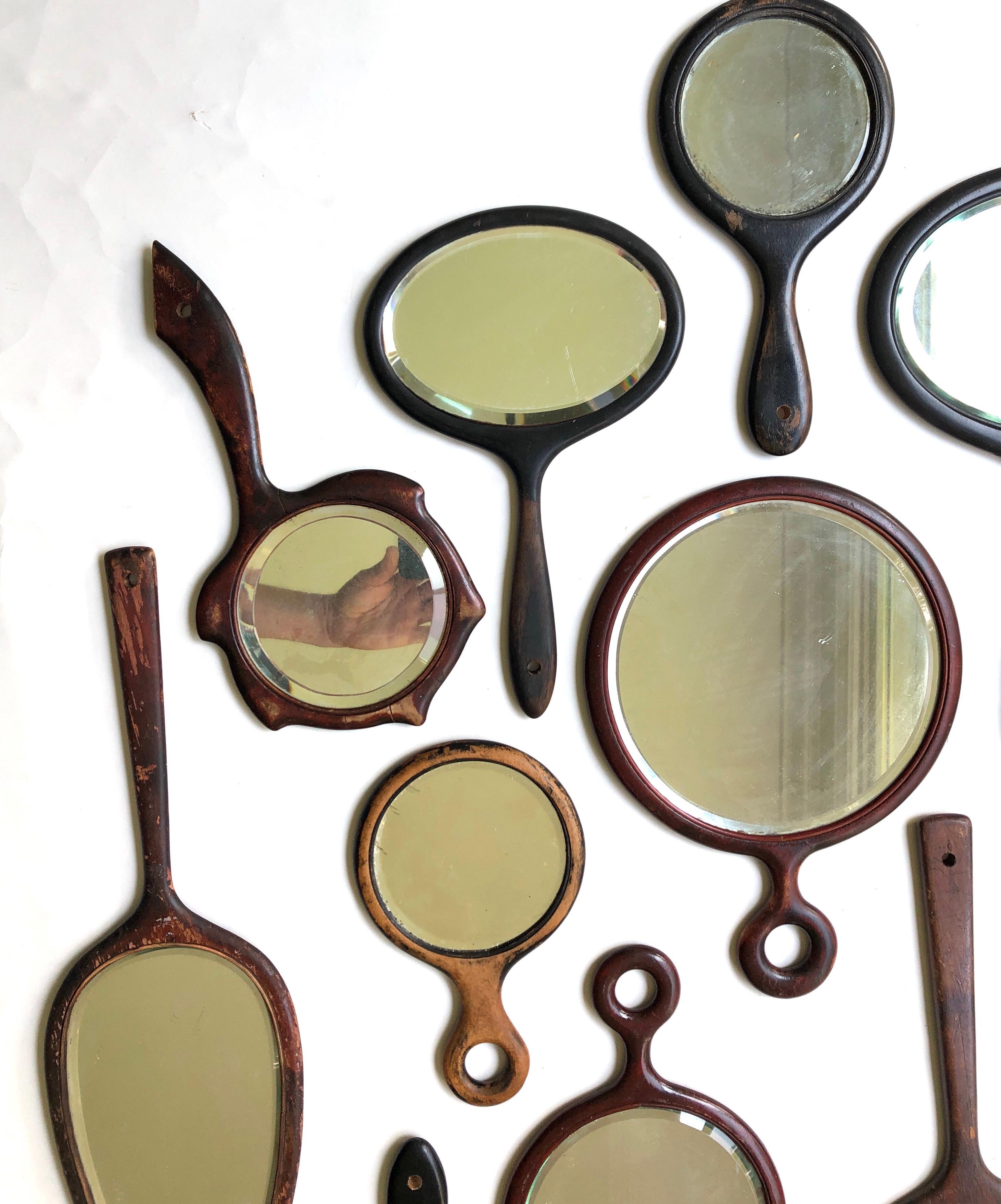Antique Beveled Glass Wooden Hand Mirror Collection of 12 In Good Condition In Stamford, CT
