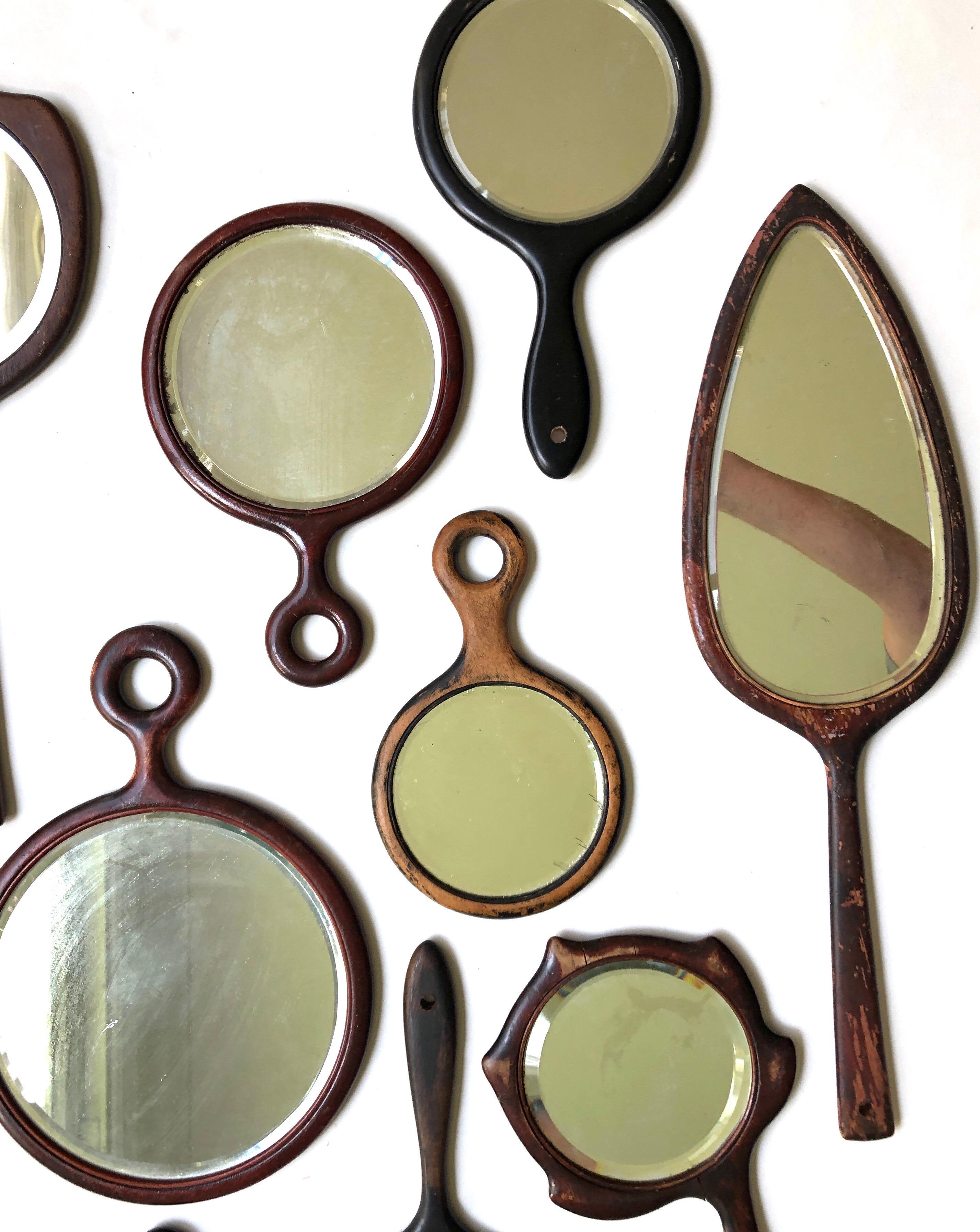 Mid-20th Century Antique Beveled Glass Wooden Hand Mirror Collection of 12