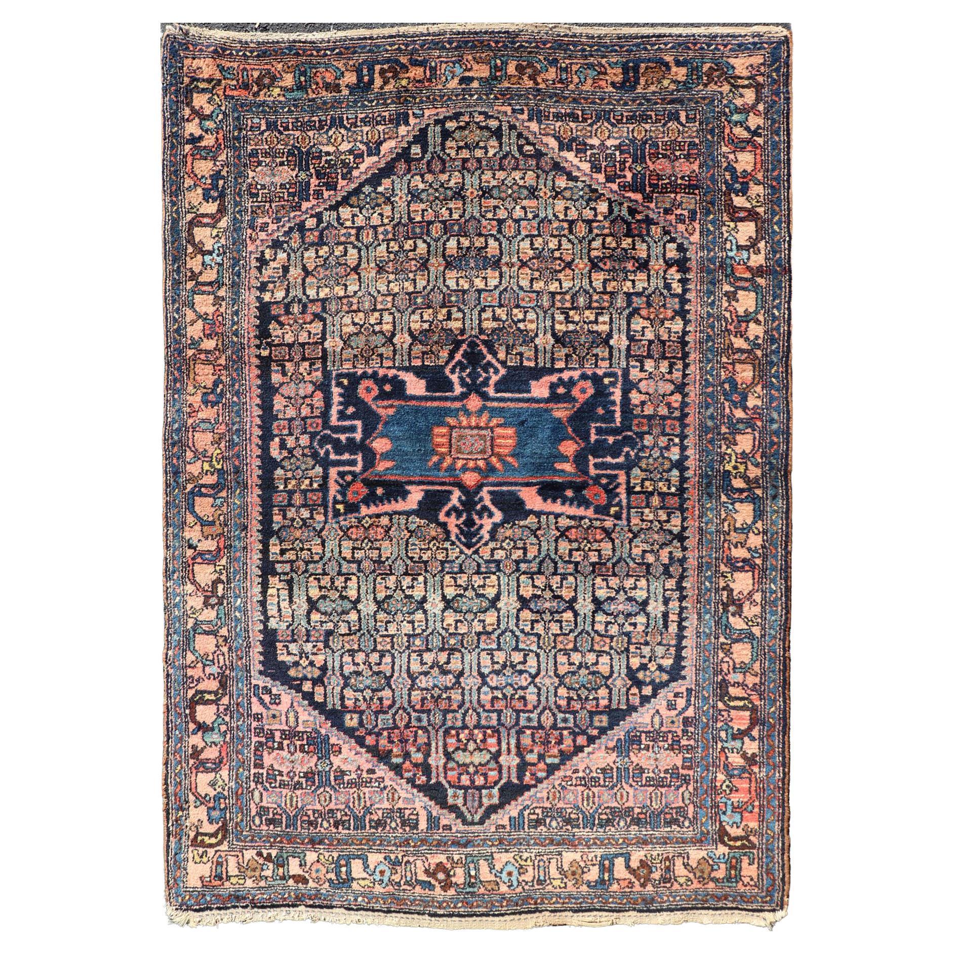 Antique Bibiakabad Rug with Layered Medallion and Geometric Design in Background