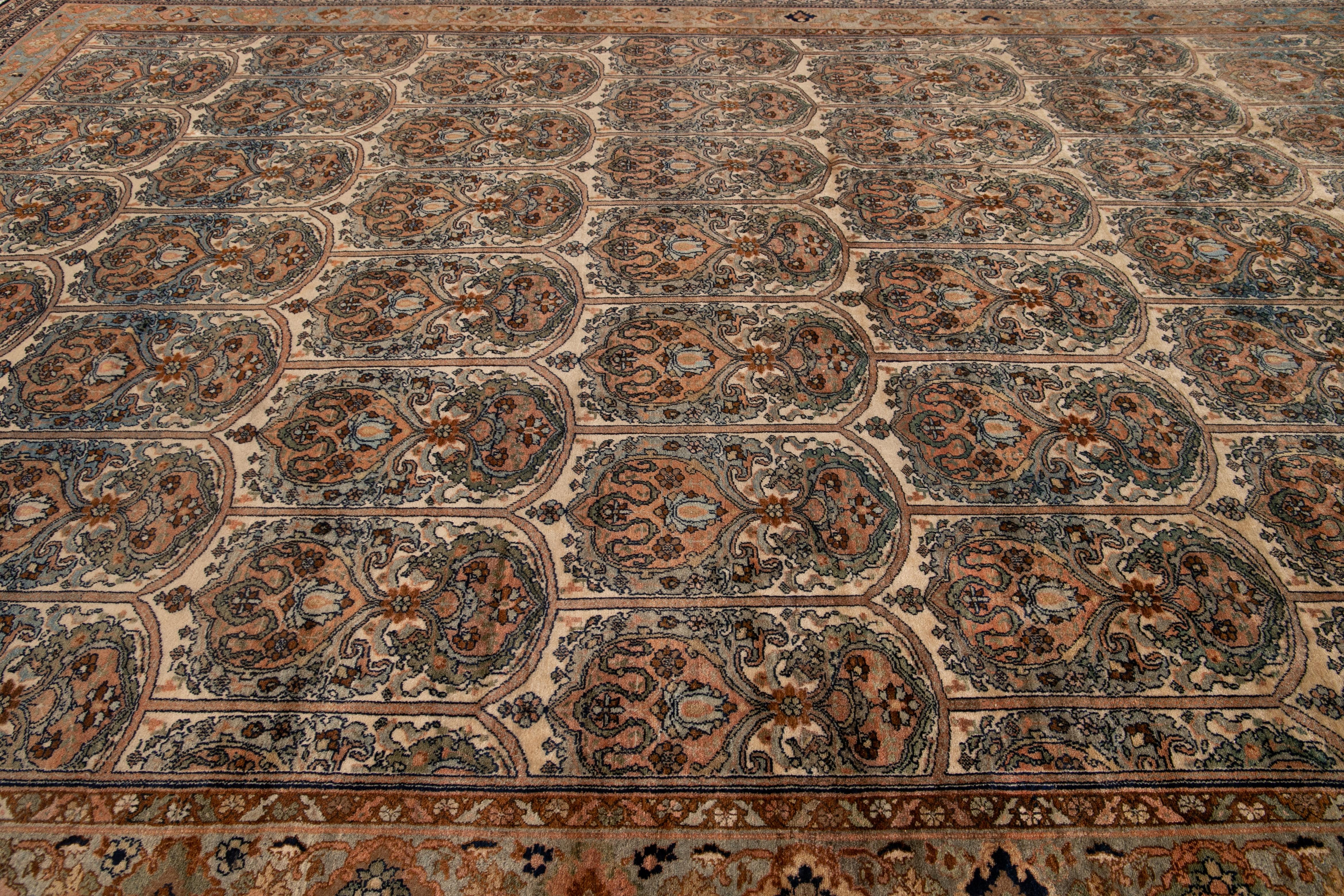 Antique Bibikabad Beige Handmade Persian Wool Rug with Allover Motif In Excellent Condition For Sale In Norwalk, CT